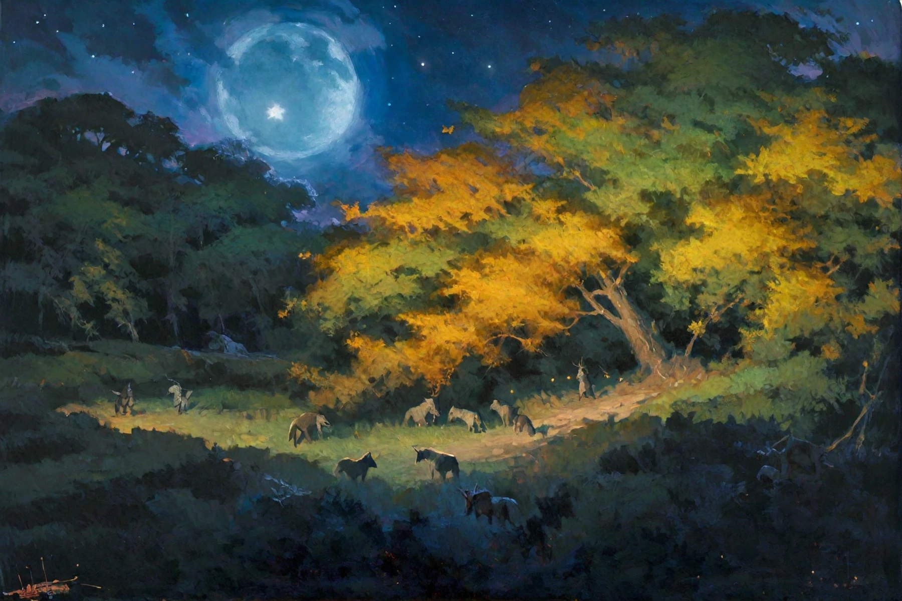 <lora:basuki-abdullah_pony_v1:1> ' at night ' by Abdullah Basuki in 1952,  Realism \(style\),landscape \(genre\), Impressionism \(style\), Trees, Leafs,  animals, dark stars, moon, score_9, score_6_up, score_7_up