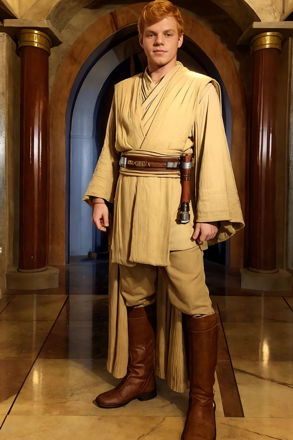 Star Wars, inside Roman style Jedi temple, RomInt, standing, slight smile, ginger hair, CFMatt is jedi padawan, in jedioutfit, (((full body portrait))), wide angle,  <lora:RomanInterior:0.55> <lora:CFMatt:0.8>  <lora:jedioutfit:0.8>  <lora:starwars:0.35>