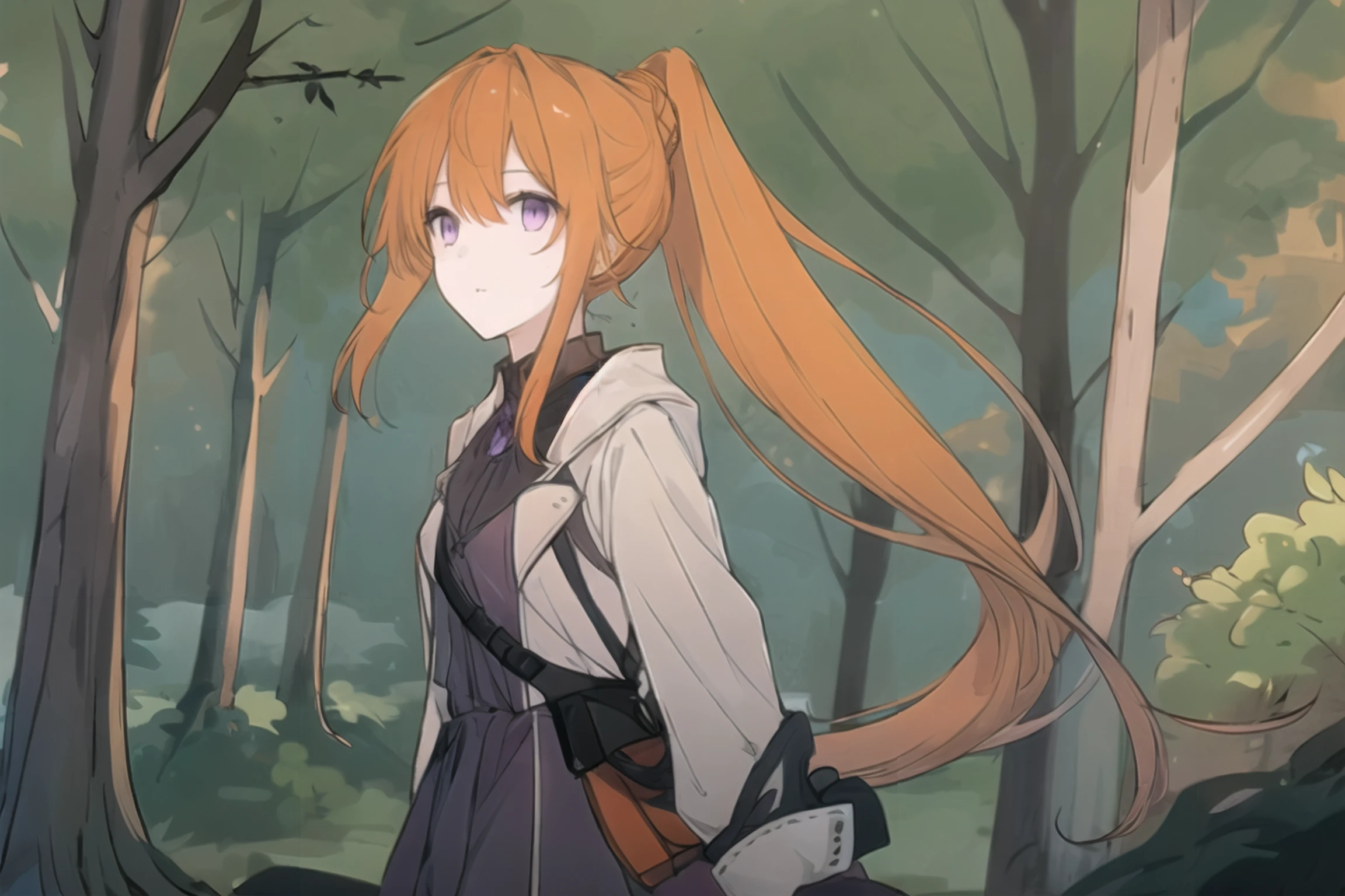 1girl, solo, fienesoc, pale orange hair, purple eyes, ponytail, long hair, walking, forest, simple background, 
<lora:Fiene-StoryofClauka:0.75> <lora:offset_p-0.5-0.1:0.35> <lora:add_detail:0> <lora:cat girl:0.5> <lora:Hitoimim_v2:0.5> <lora:hiten_style:0.8> hiten style,