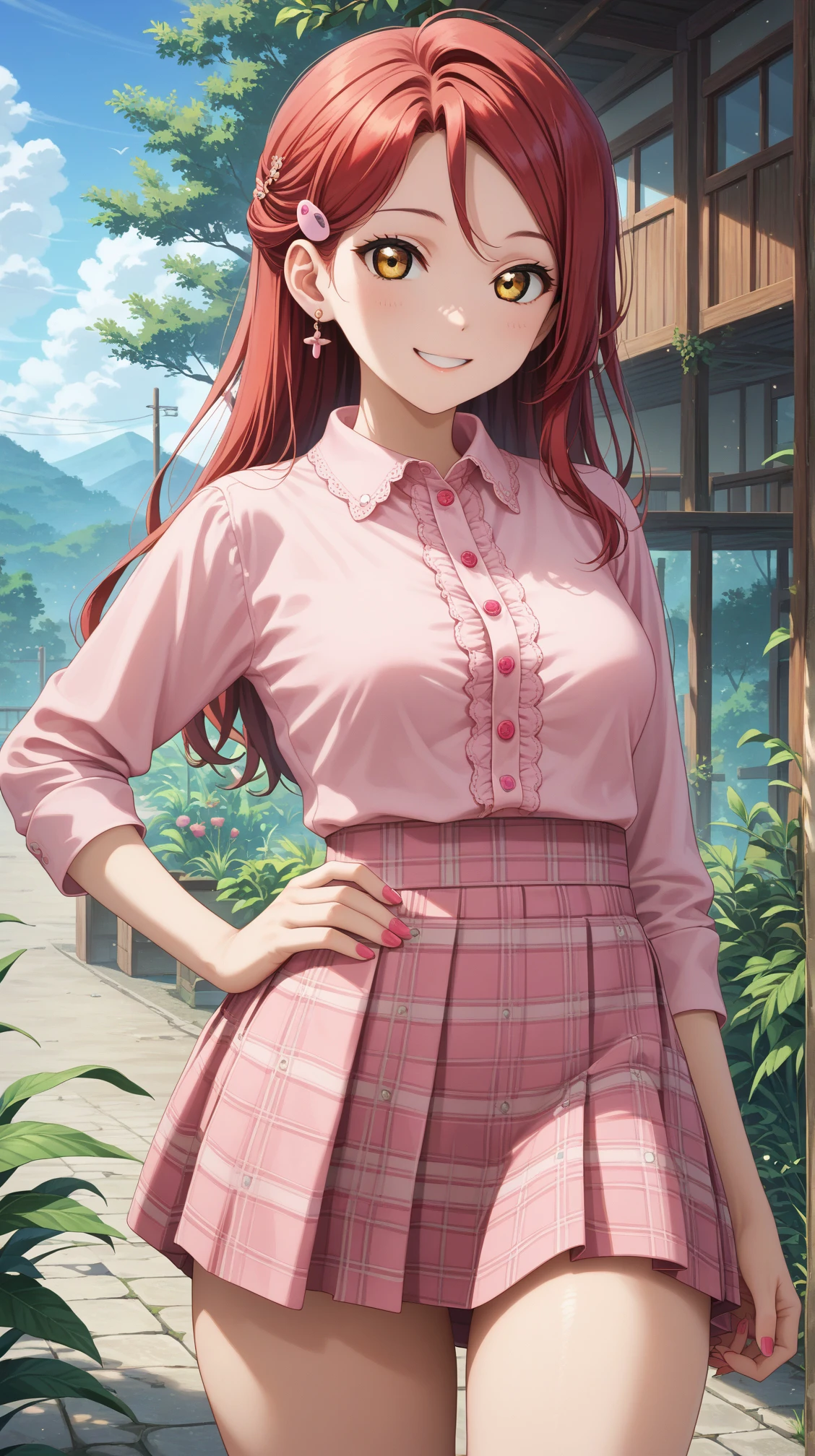 score_9, score_8_up, score_7_up, solo, 1girl, rikosauchi, hair ornament, hairclip, red hair, medium breasts,
pink shirt, long sleeves, long shirt, smile, buttons, plaid skirt, pink skirt, miniskirt,
(thighs:1.5), feet out of frame, outdoors, greenery, (hand on hips:1.1), nail polish, pink nails, 
 <lora:xlponyriko-04:0.7>