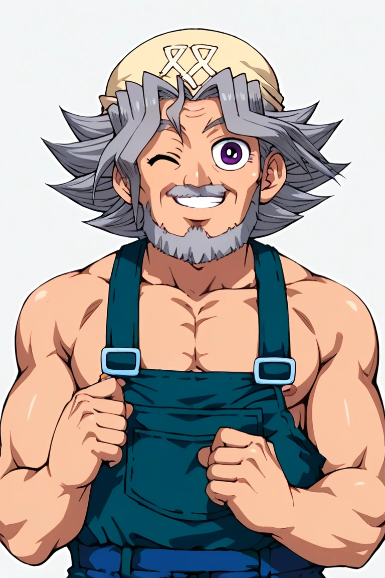 score_9,score_8_up,score_7_up,source_anime,BREAK, elderly, adult, male, Solomon Muto, purple eyes, grey hair, large chest and broad shoulders, overalls, shirtless, body hair, headscarf, one eye closed, teeth, smirk<lora:EMS-462984-EMS:1.000000>, <lora:EMS-463178-EMS:0.800000>