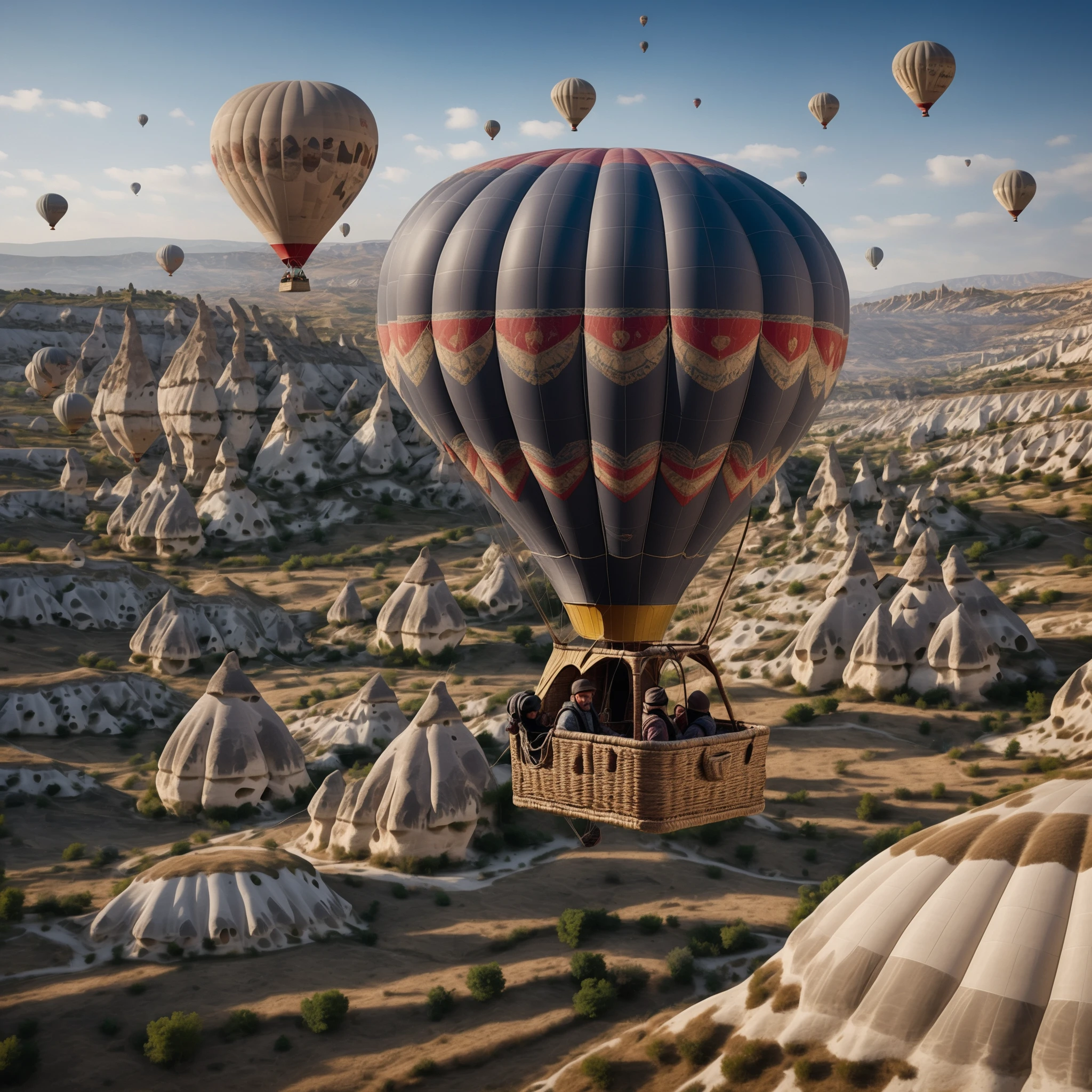 realistic image of a Cappadocia hot air balloon from 2024, with a highly detailed focus on the texture of the fabric, the ropes, and the basket.