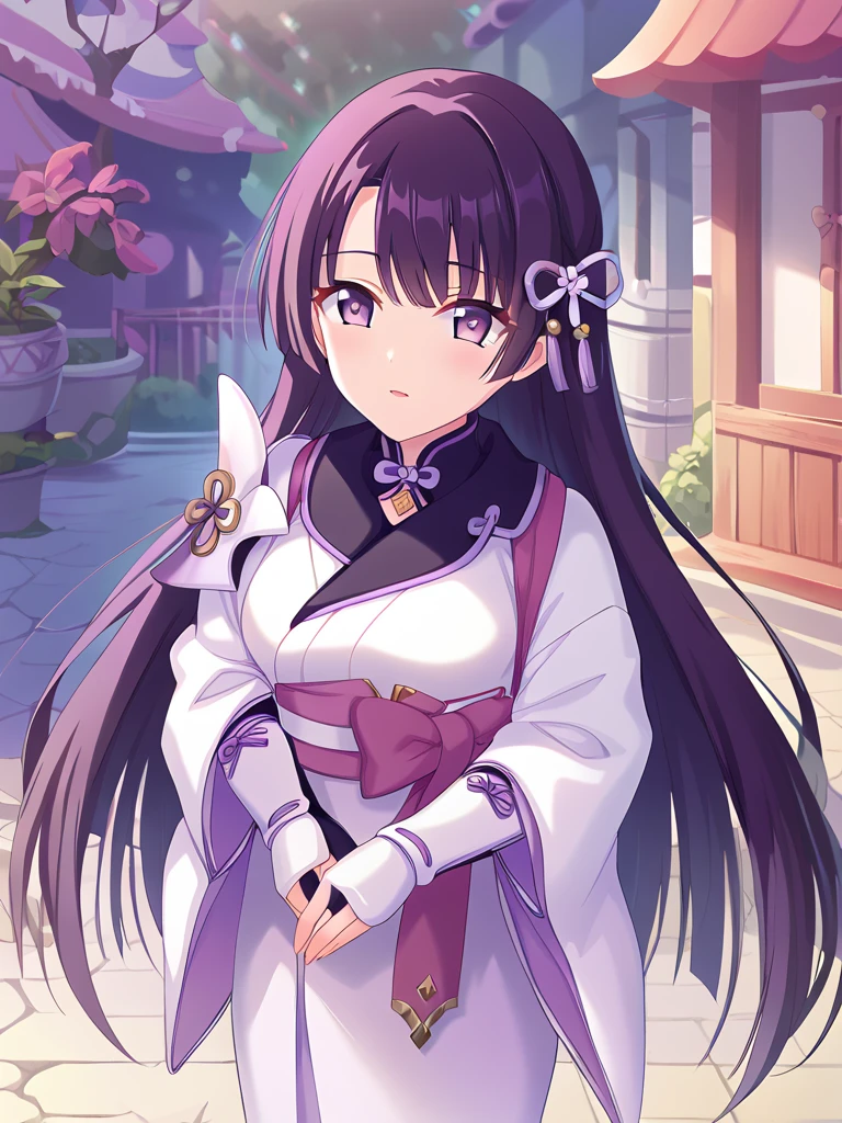 <lora:lily_priconne-elesico-pony:0.8>riripcrbase, long hair,purple hair, hair ornament, hair ribbon, ridefkimono, japanese clothes, white kimono, japanese armor, shoulder armor, long sleeves, fingerless gloves, sash,medium breasts, 
<lora:PCR_Style:0.8>PCR_Style,
BREAK score_9, score_8_up, score_7_up, BREAK,source_anime, best quality, masterpiece, uncensored,zPDXLpg, clear_eyes,anime screencap,official art,
outdoors,