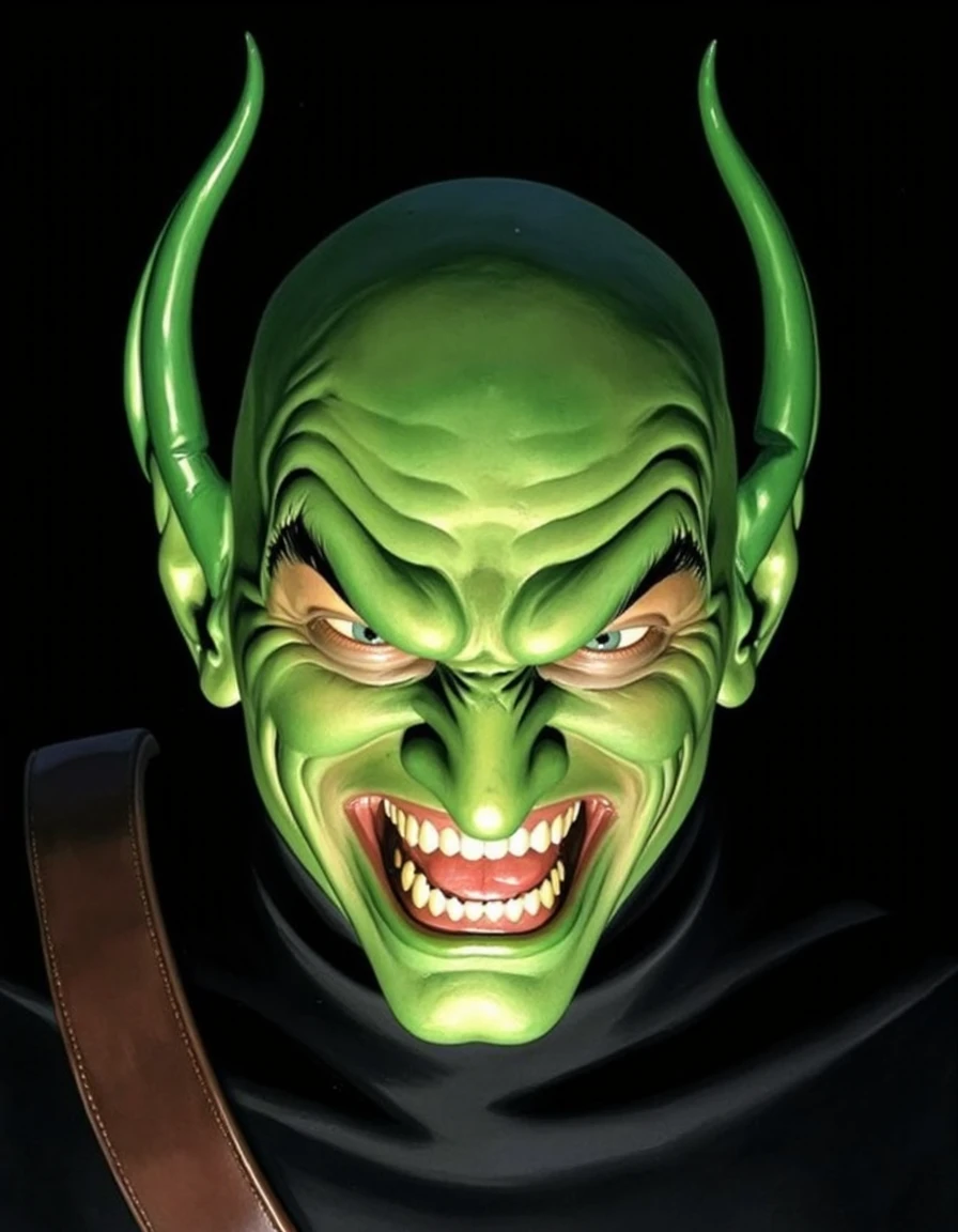 Alex Ross style painting of the Green Goblin with a maniacal, sinister grin, green skin, eyes glaring forward with intense malevolence. The angle of the shot is an extreme close-up from the front, focusing on his face and capturing every wrinkle and detail of his twisted expression. The lighting is stark, casting shadows that emphasize the sharp contours of his face and the green hue of his skin, against a dark background that heightens the menacing atmosphere.