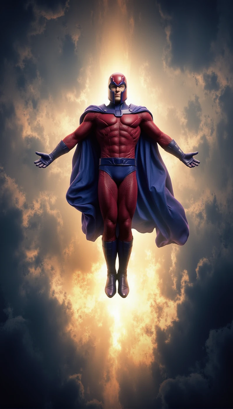 a photo of Magneto floating in the air, arms opened like a godly figure. He is glowing of a powerful energy <lora:Magneto:0.9>