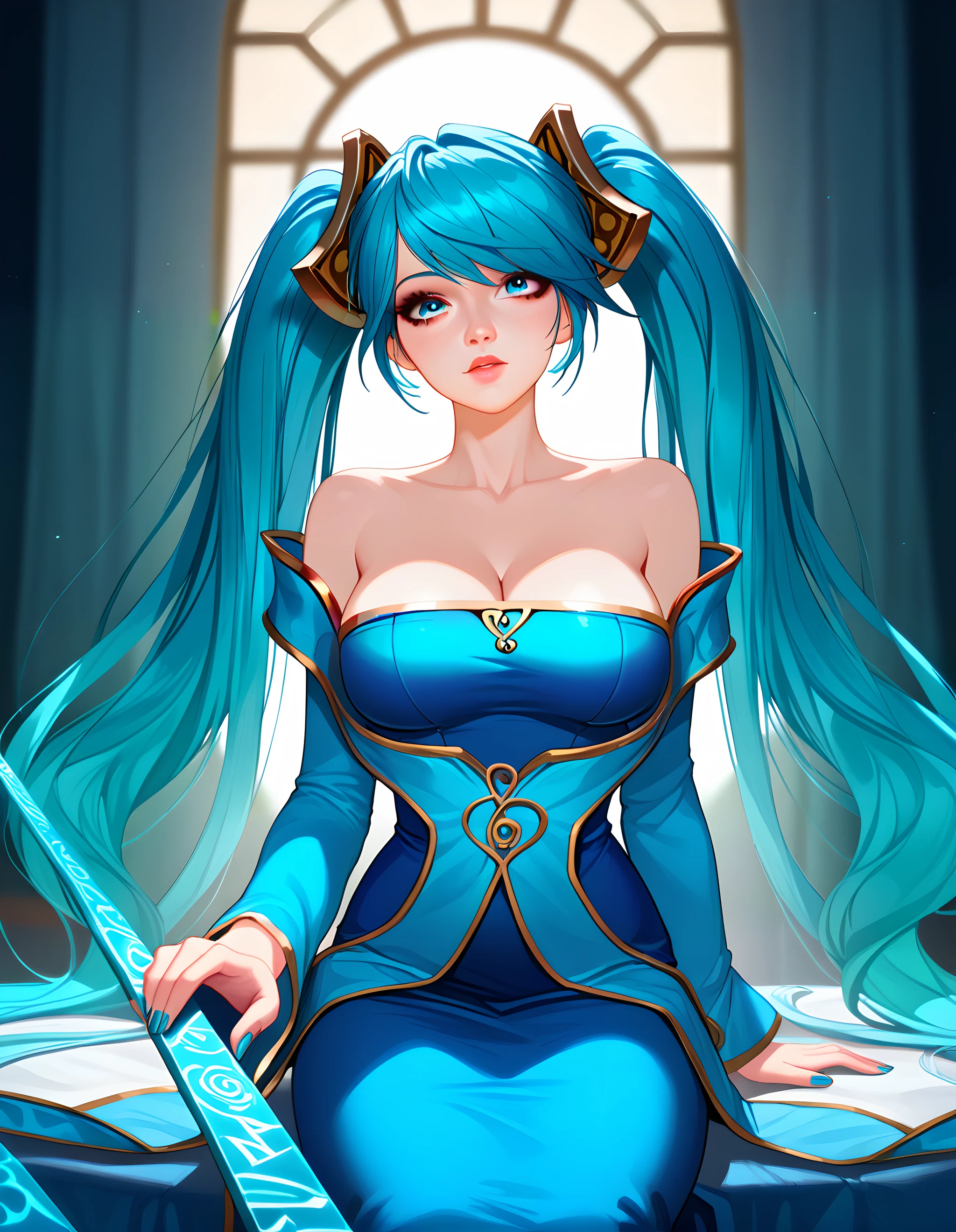 s0na, sona, 1girl, long hair, blue eyes, blue hair, aqua hair, twintails, hair ornament, large breasts, dress, cleavage, bare shoulders, collarbone, detached sleeves, blue dress, nail polish, blue nails, score_9, score_8, score_7, source_anime, zPDXL, <lora:arcan3styl3v1PonySDXL:0.35>, arcan3styl3v1, <lora:4rc4n3XLP:0.51>, 4rc4n3, <lora:Sona_Default_Pony_v1:0.75>, sitting, looking at viewer, dramatic light