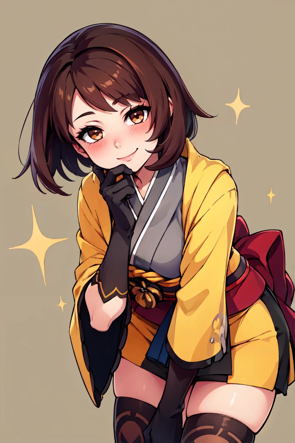 ((masterpiece,best quality)), absurdres,  BREAK, , <lora:GloriaChiori:0.8>,   zzgloriachiori, brown eyes, brown hair, bob cut, asymmetrical hair, japanese clothes, yellow kimono, black gloves,  tam o' shanter, BREAK, leaning forward, head tilt, blush,, BREAK, solo, smile, looking at viewer, cowboy shot,