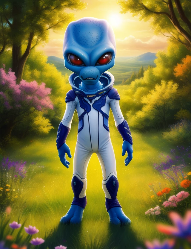 <lora:CryptoAlienSpYif:1> CryptoAlienSp, alien, Red sclera, red eyes, chibi, space suit,,  solo focus,
Looks at the viewer,  (standing, Hands on gan,,)
[ the sun is shining, (glade,) forest, grass, stars, lake, day,  clouds, flowers, blanket, blue pillows, cosmos,]
(beautiful, aesthetic, perfect, delicate, intricate, saturated colors), masterpiece, digital drawing, best quality,
[by personalami], by smitty g, [[[by Foxovh]]], [[by Ross Tran]]