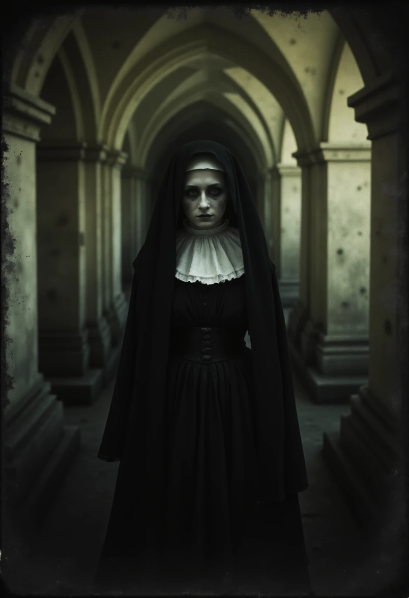 occult, old photo, dark creepy, old nun, cloister, cathedral, dark, shadow, distorted, grainy, film grain, Victorian