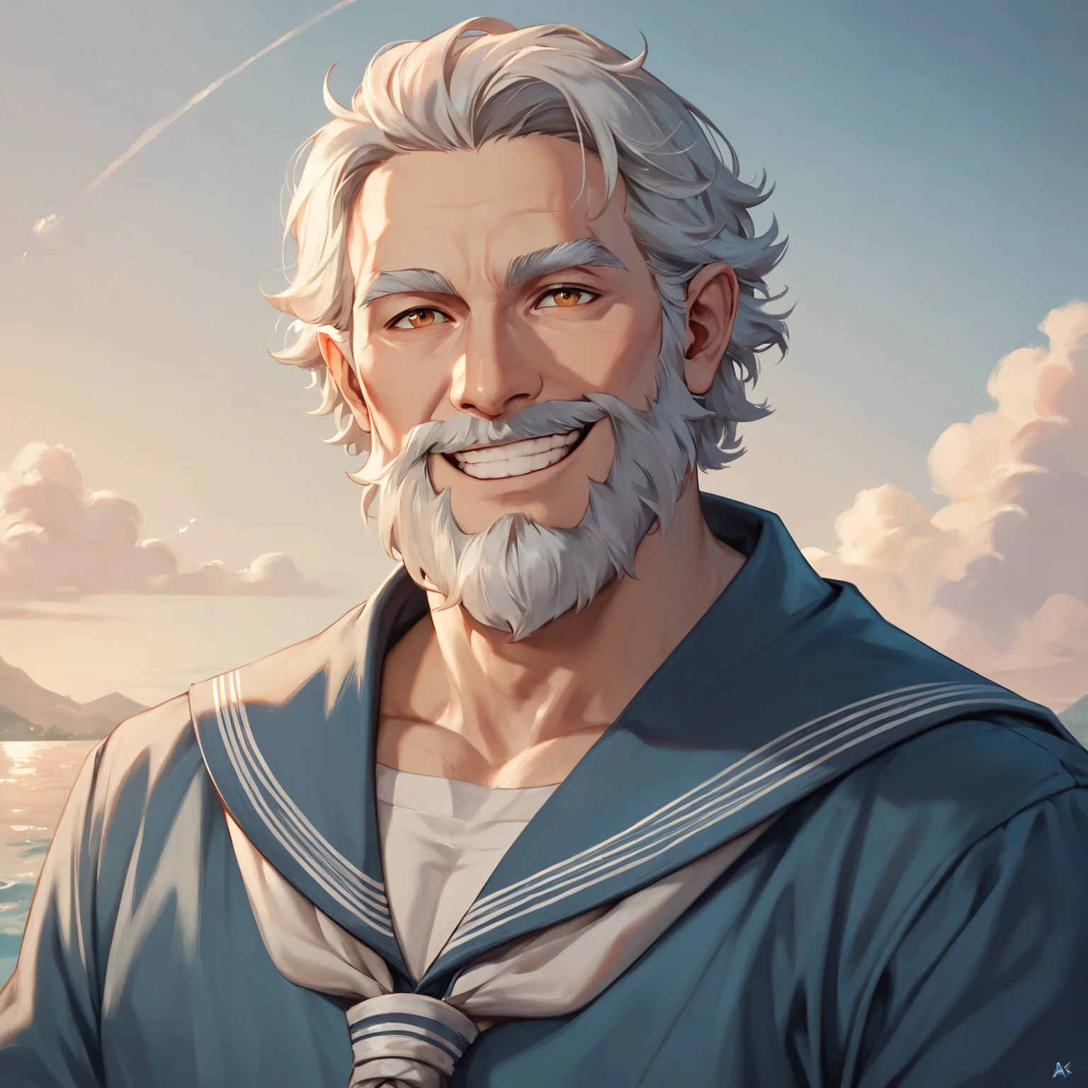 1boy, old man, grey beard, looking at viewer, smile, traditional sailor clothes, <lora:The_Deep_Dark_Ocean-SD1.5PonySDXLFlux:0.5>, deepdarkocean, BREAK score_9, score_8_up, score_7_up, best quality, masterpiece, 4k, prefect lighting, very aesthetic, zPDXL2