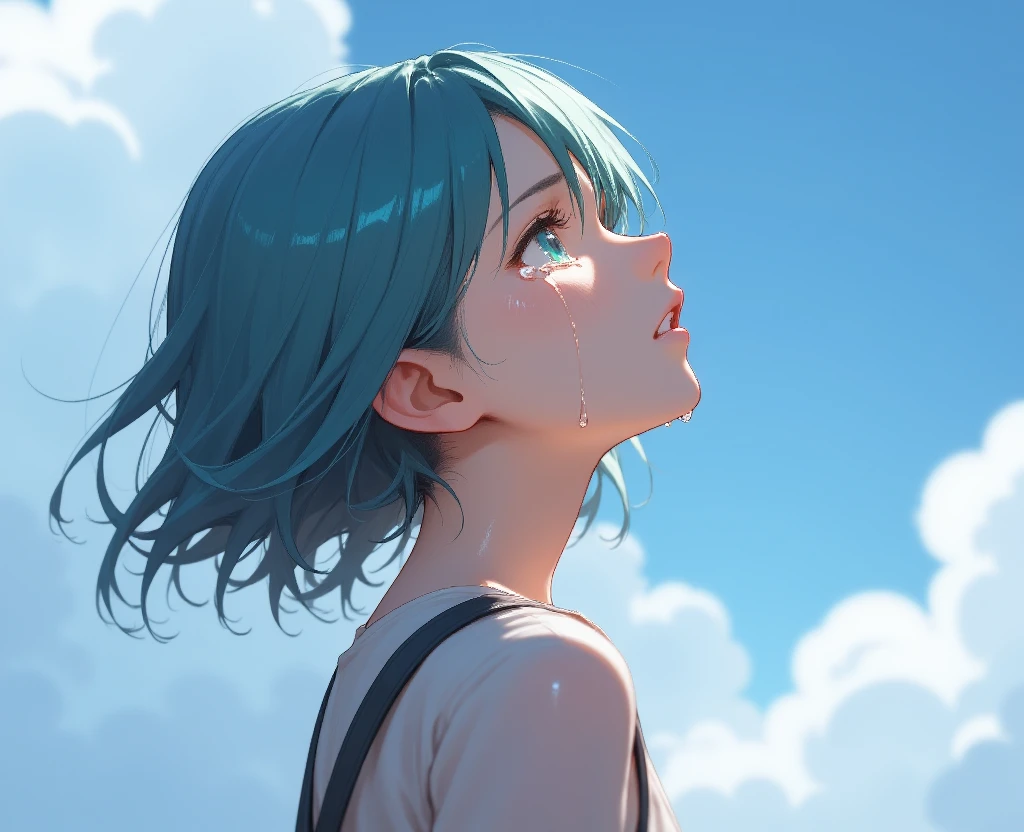 A girl is crying with tears. Drawn in cartoon, Hatsune Miku, She is looking up, showing her profile. anime style, 
<lora:crying_with_tears_flux_v2.safetensors:1>, 