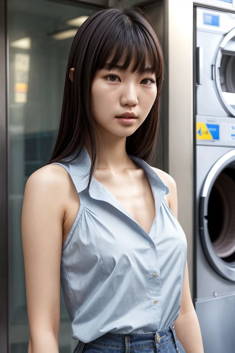 Asian woman, closeup, (shirt), pants, (laundromat), (), (), KM_yanjaa, wide shoulders, perfect face, (contact iris: 1.1), pale skin, skin pores , depth of field