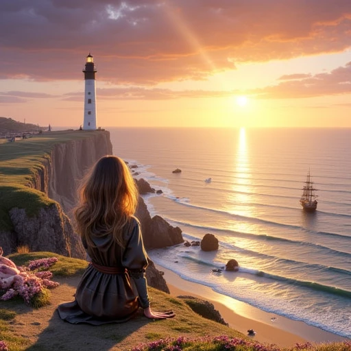 facial hair, lighthouse, horizon, 1girl, sunbeam, sunset, octopus, landscape, ship, bubble, beach, warship, water