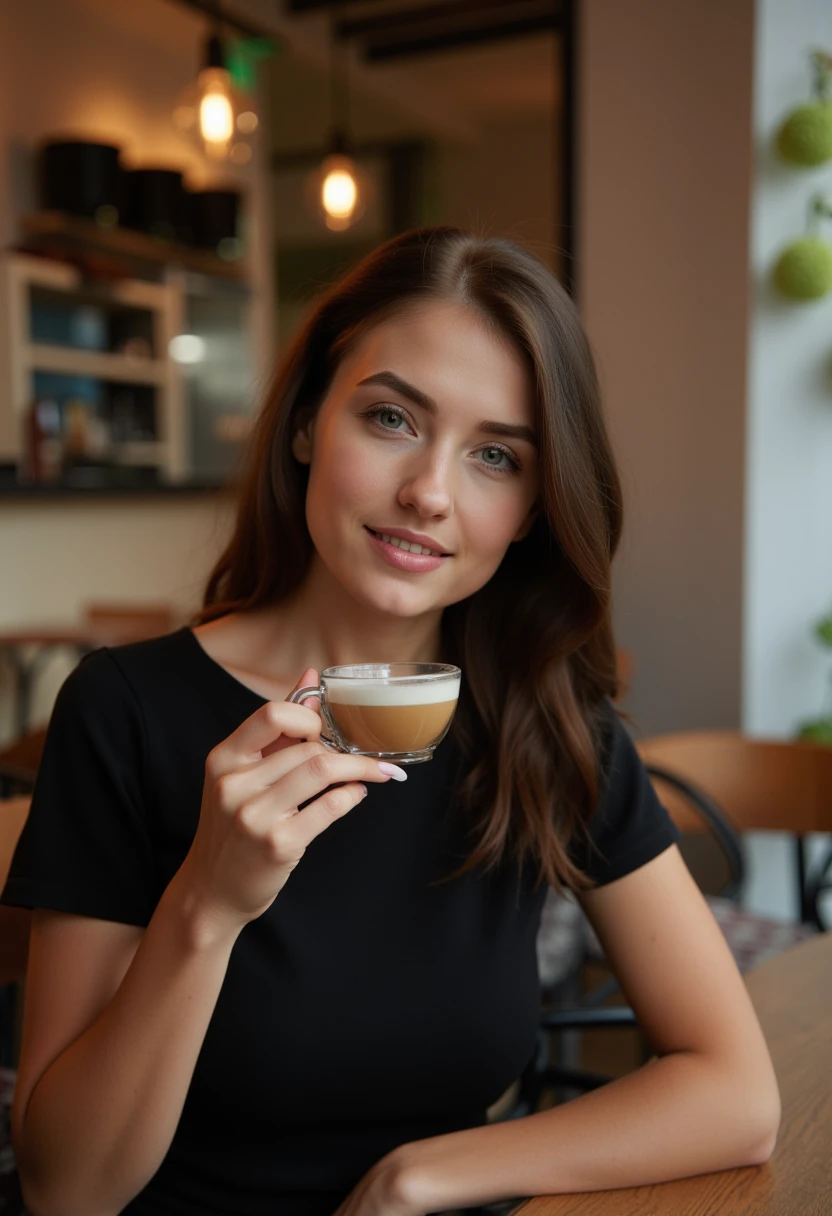 niemira, petite, wearing a black dress, sitting in a cafe drinking an espresso. looking at the viewer smiling, happy