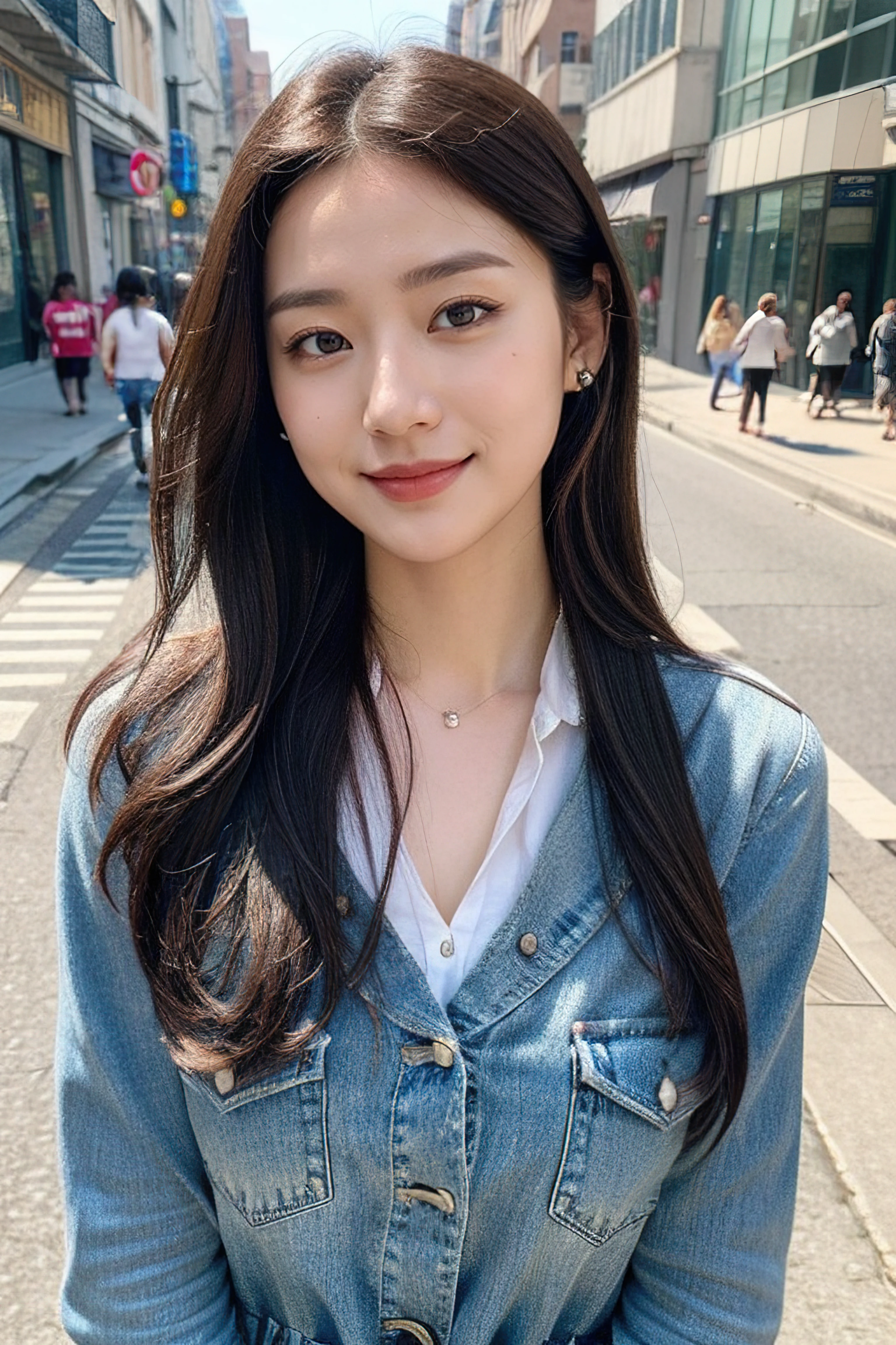 ((highest quality, 8k, 32k, masterpiece, Ultra-high resolution:1.2)),Beautiful Japanese Idol Photos, Very small breasts, Casual Sexy Clothes, Gazing at the audience,((Street Corner,A smile that exudes intelligence,)),mole,Dimples,