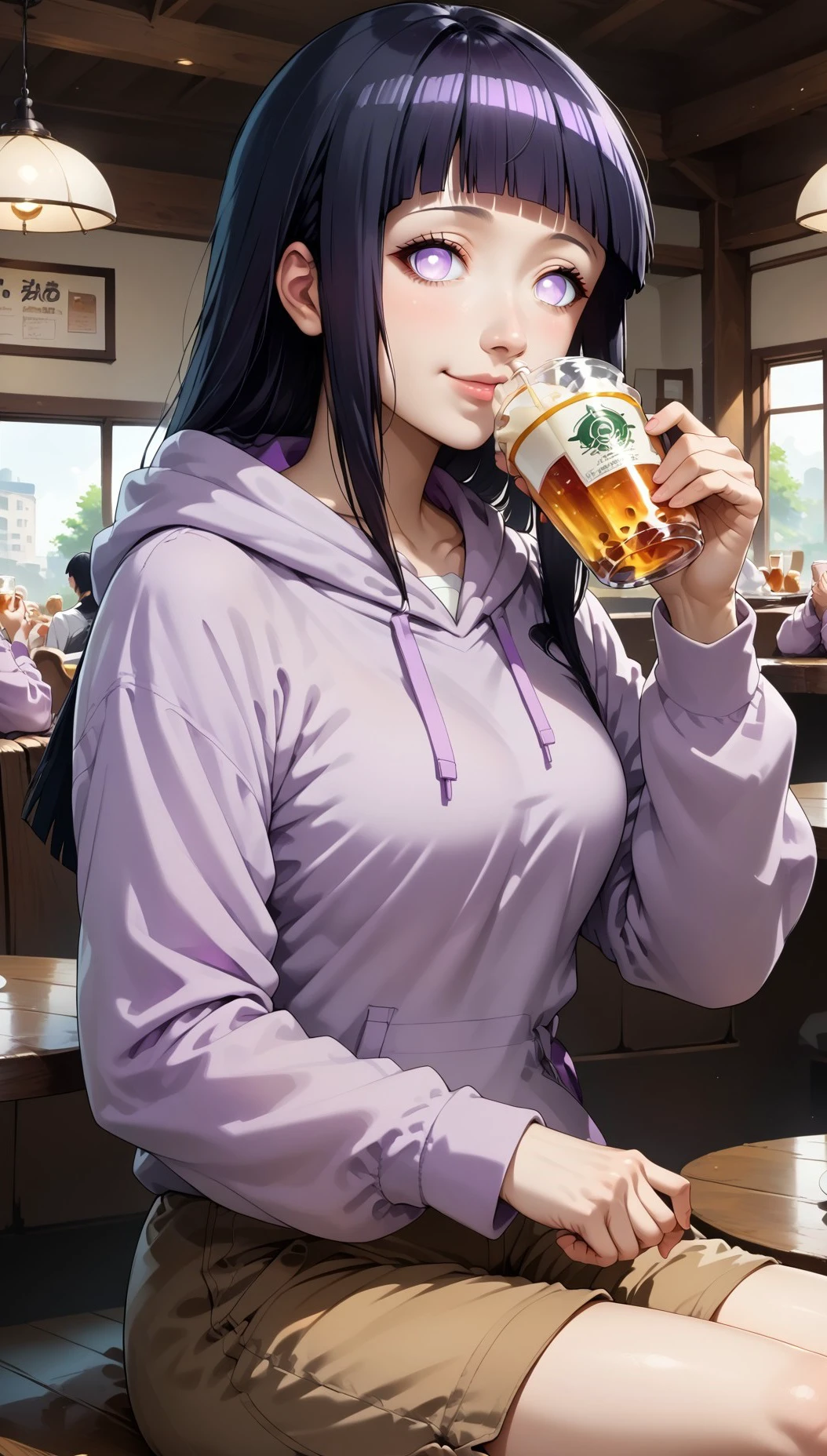 safe_pos, score_9, score_8_up, score_7_up, source_anime BREAK cowboy shot, looking at viewer, close-up, 
1girl, hyuuga hinata, purple eyes, white eyes, blunt bangs, black hair, hime cut, long sleeves, hood, short shorts, brown shorts, purple hoodie, formal, holding cup, hand up, collared shirt,  drinking, holding cup, medium breasts,  skin dentation, sitting, light smile, indoors, restaurant, cafe, sitting, table,