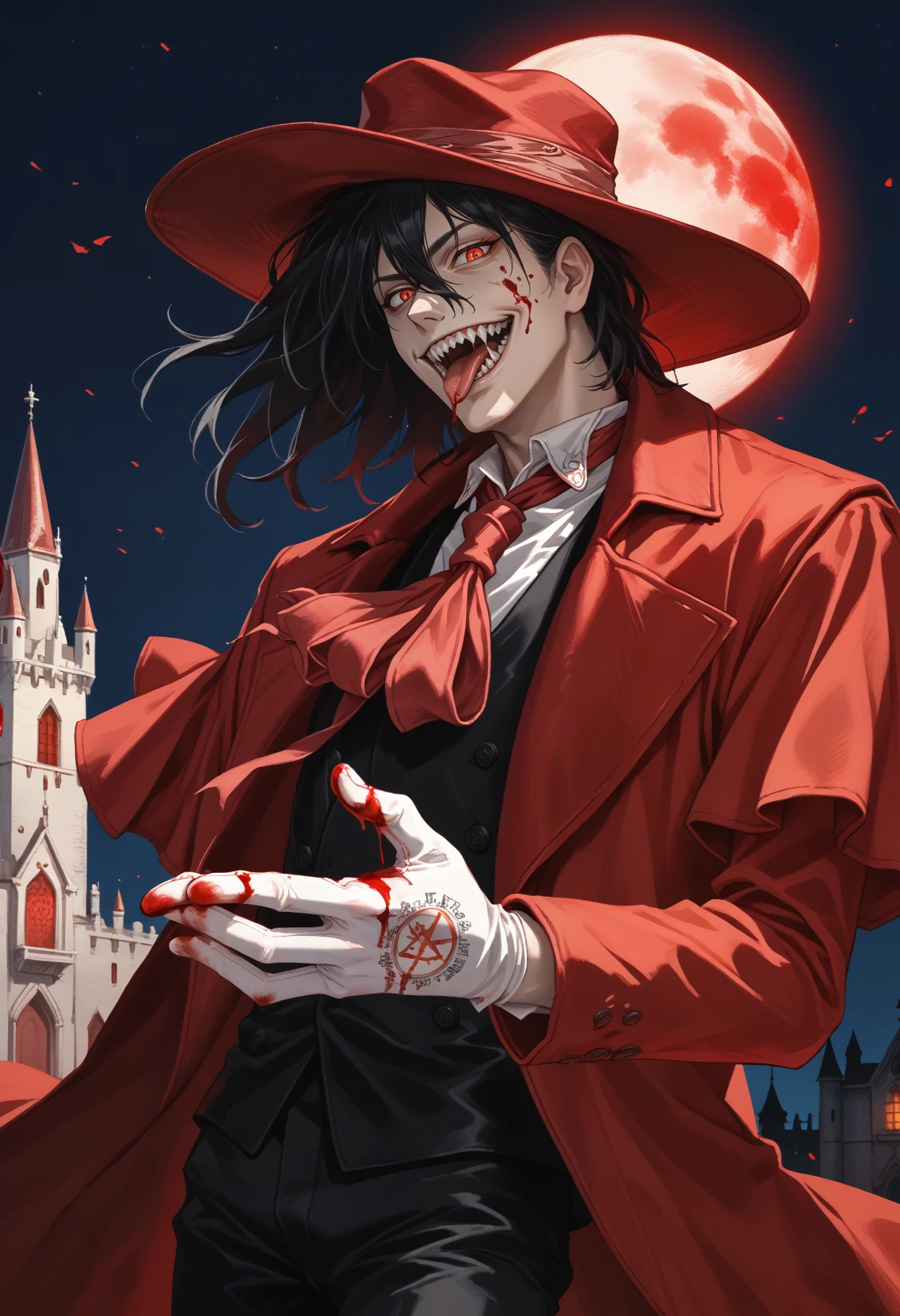 score_9, score_8_up, score_7_up, source_anime, 1boy, open mouth, evil smile, sharp teeth, tongue out, blood on face, <lora:AlucardHS-pdxl:1> aluHS, red hat, black hair, red trench coat, red ascot, collared shirt, white gloves, black pants, vampire castle, full moon, night sky