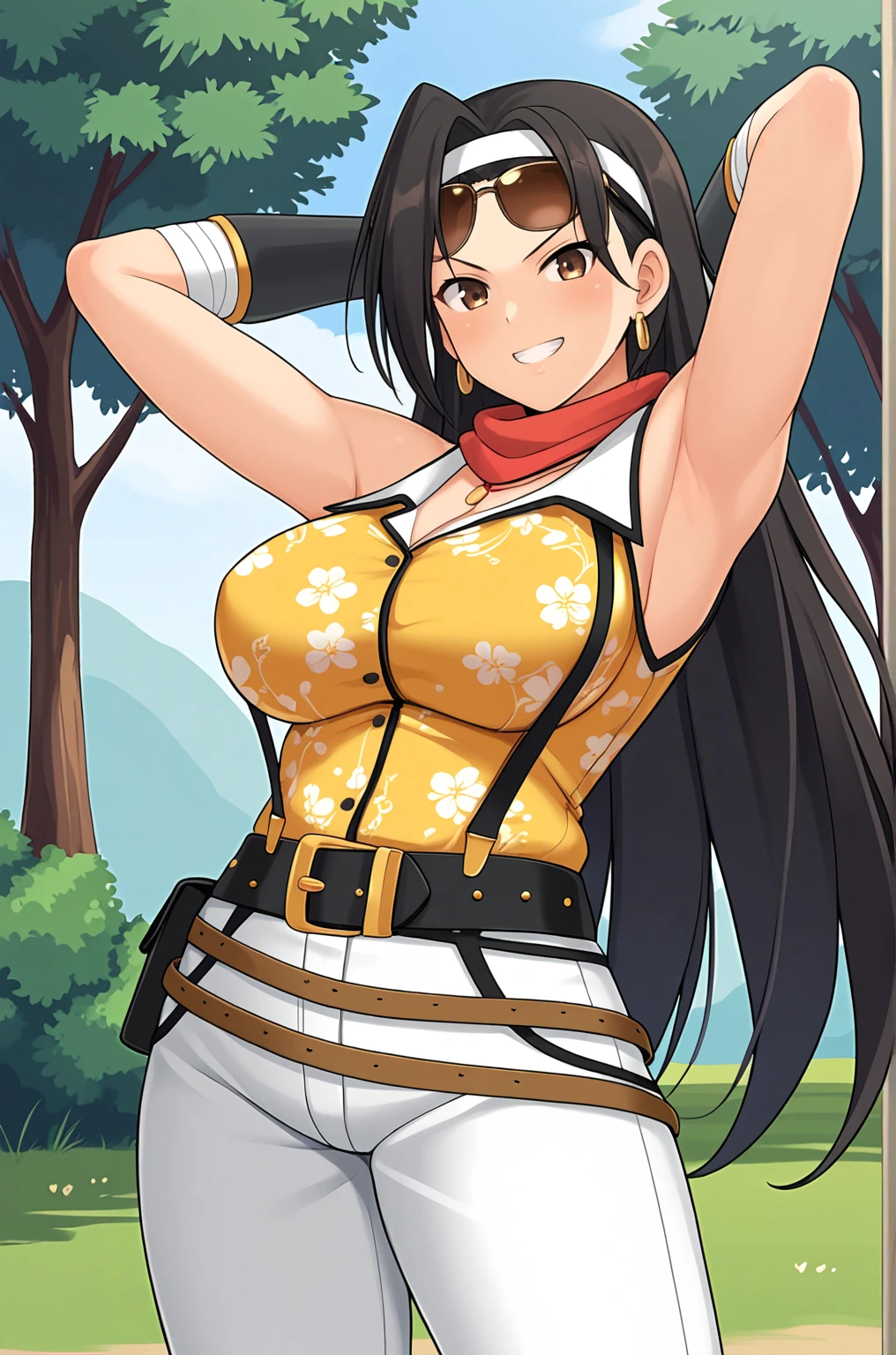 anime artwork, score_9, score_8_up, score_7_up, source_anime, BREAK, thick outline, fat outline,
Jasmine XL, brown eyes, long black hair, headband, sunglasses on forehead, hoop earrings, red scarf, large breasts, BREAK, Jasmine_shinobi, bead necklace, yellow tank top, sleeveless, suspenders, forearm guards, massive black belt, brown belts, white pants, BREAK, outdoors, upper body, hands behind head, grin,
<lora:Jasmine_XL:0.7>
<lora:PersonalAmi_PonyXL:0.5>