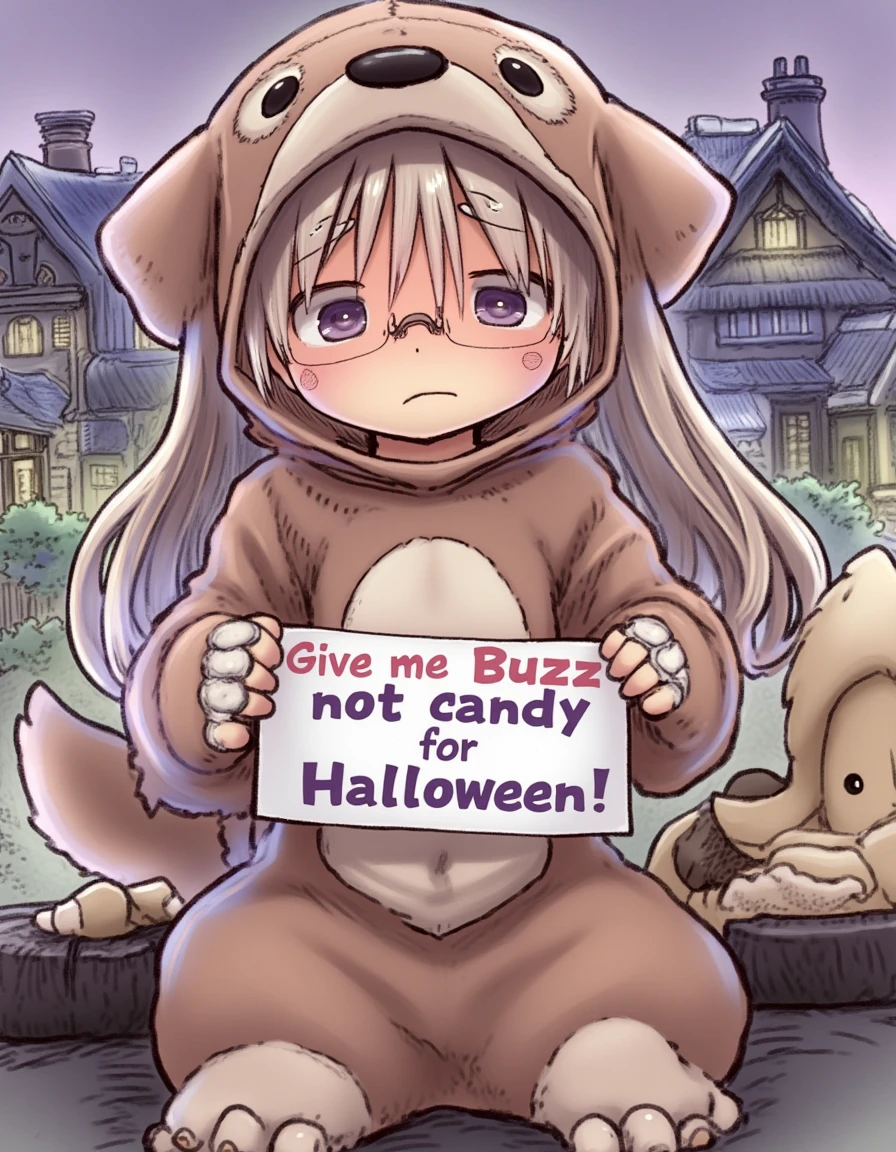 houses in background, very cute little girl, sad girl, (((kawai))), bandaged hands, messy hair, dog costume, holding a sign that says "Give me Buzz, not candy for Halloween!"<lora:MadeInAbyssStyleLoraFlux:1> mad31nabyss