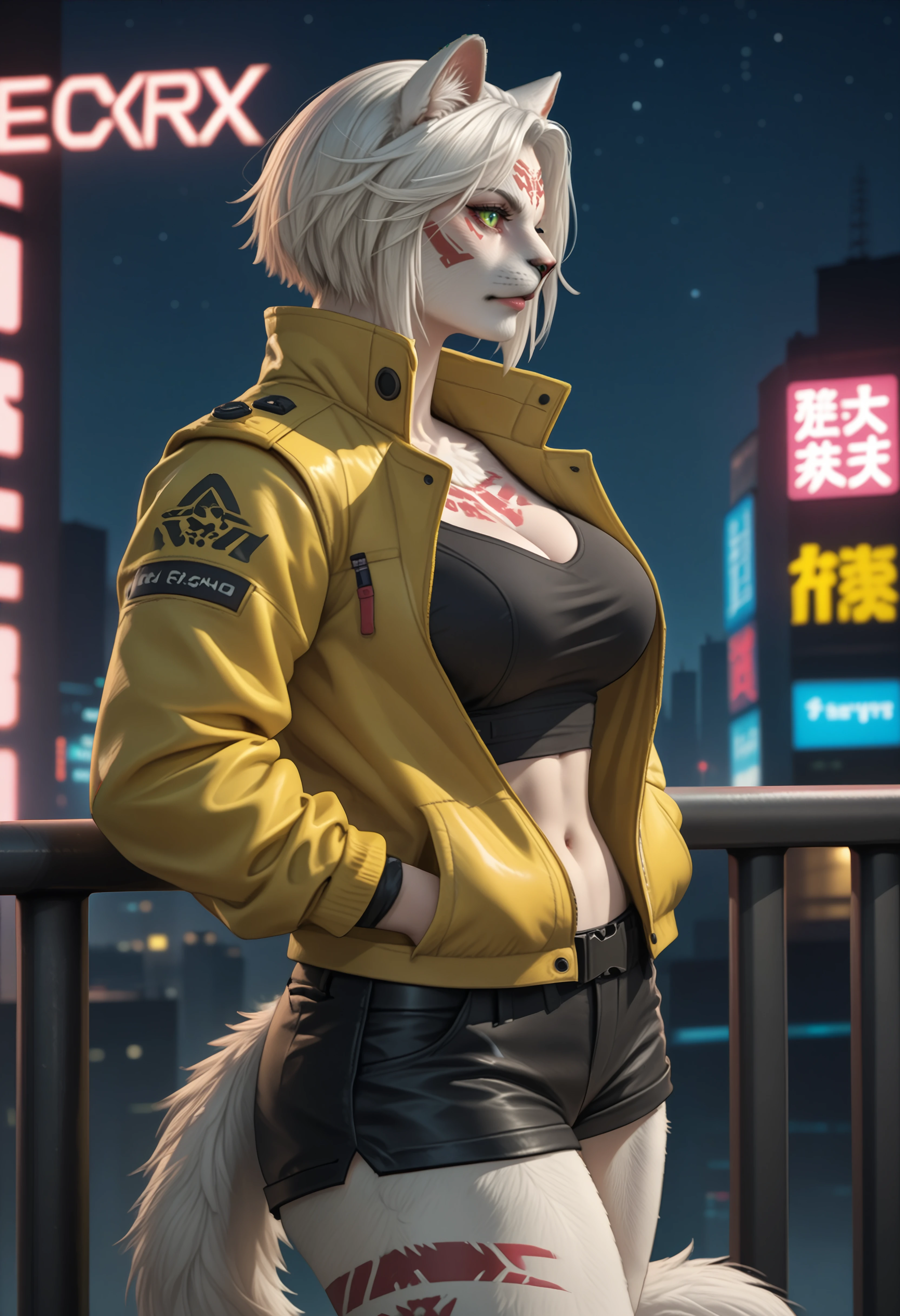 score_9, score_8_up, score_7_up BREAK solo, 1girl, kjk_jynx, furry female, animal ears, short hair, white hair, facial mark, green eyes, slit pupils, white fur, body markings, tail, large breasts, <lora:clamXIVOC_kjk_jynx:1> leather jacket, yellow jacket, high collar, black shirt, midriff, belt buckle, shorts, looking at viewer, hands in pockets, against railing, outdoors, cyberpunk city, neon lights, neon sign, skyscraper, science fiction, sci-fi, futuristic, dark, night sky, starry sky, side view