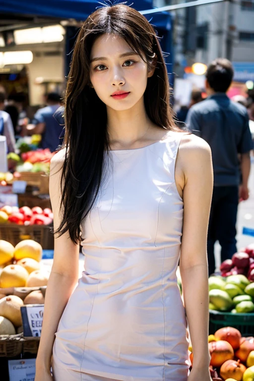 masterpiece, best quality, ultra-detailed, ultra high res, (photorealistic:1.4), raw photo, (realistic:0.2), 8k HDR, realistic lighting, looking at viewer, 1girl, solo, asymmetrical hair, outdoor, (traditional market:1.2), (day), bokeh, (detailed lips), (detailed pores), (detailed skin textures), (detailed face:1.2), (body:1.2), a woman in a sundress, cowboy shot, thigh gap