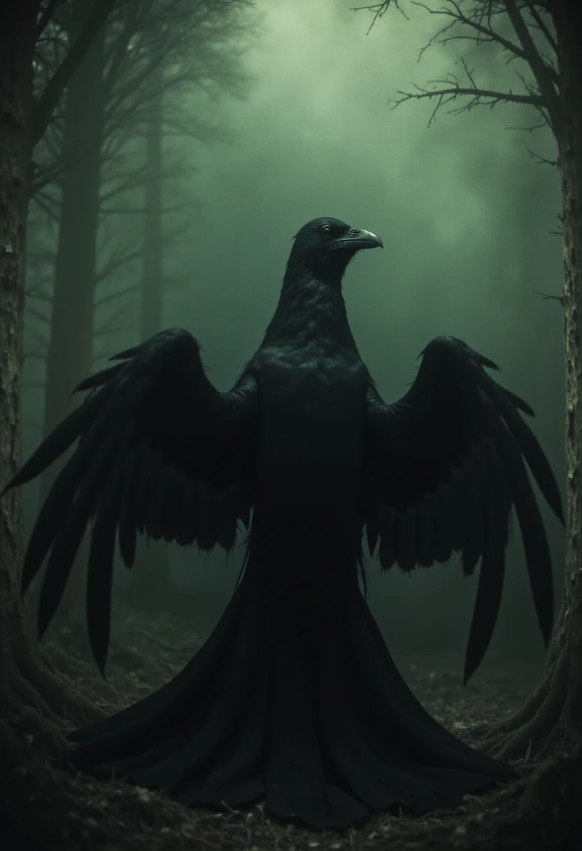 chiaroscuro, low-key, grainy, film grain, (old photo:1.2), blurry, distorted, photographic, dark, sinister, victorian, (horror:1.3), (raven, crow, black feathers:1.3), colorful