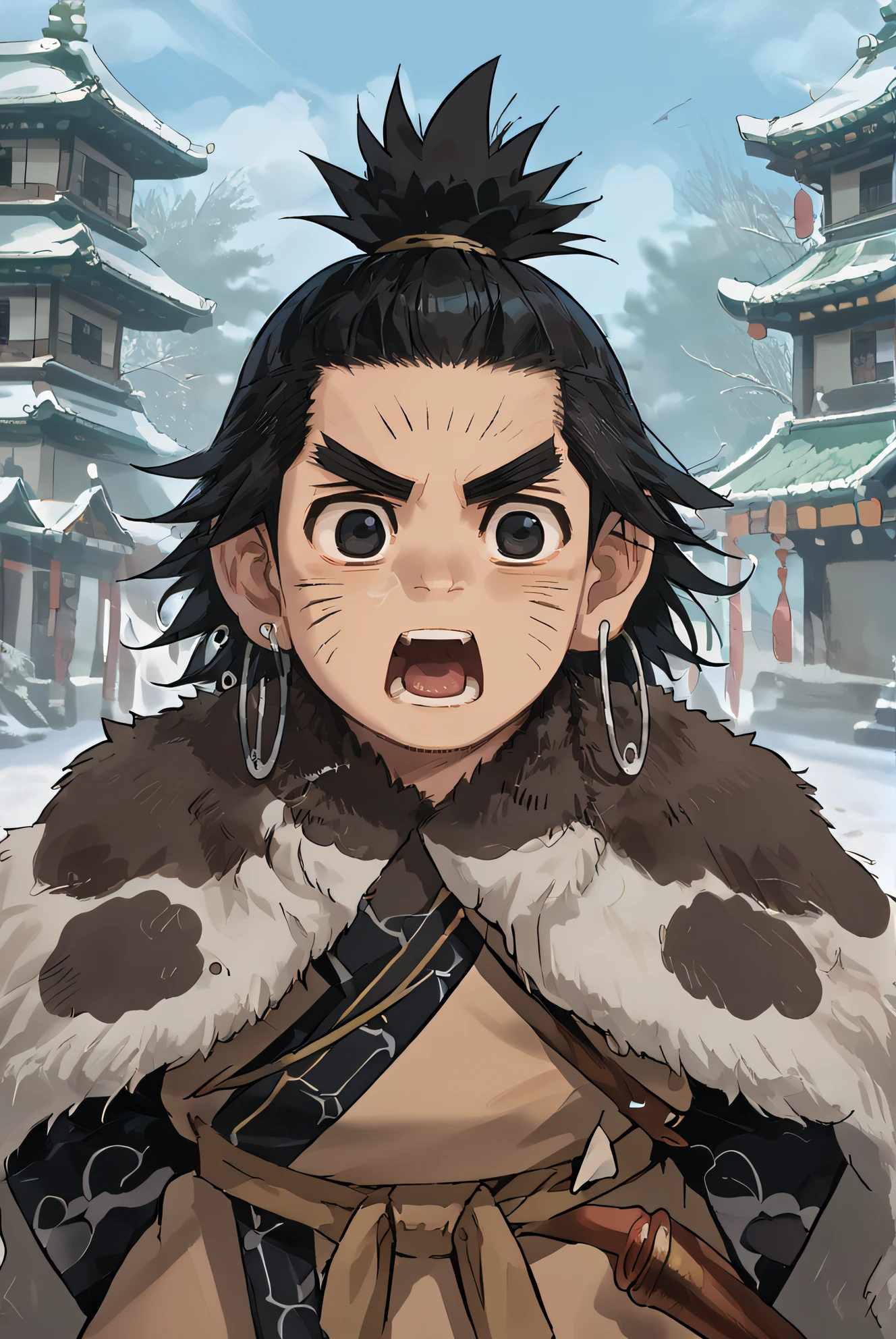 score_9, score_8_up, source_anime,
1boy, solo, chikapashi, black hair, black eyes, hoop earrings, topknot, facial marks, ainu clothes, fur cape,
open mouth, standing, :o, surprised,
<lora:Smooth Style 2 SDXL_LoRA_Pony Diffusion V6 XL:0.8> <lora:chikapashi:1>