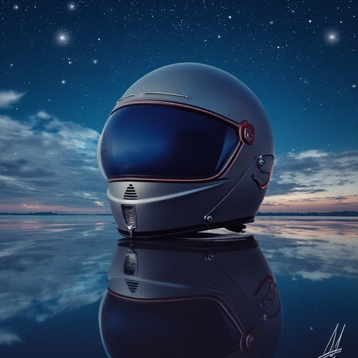 cat, signature, starry sky, reflection, alpha, simple background, outdoors, scenery, cloudy sky, helmet, radical