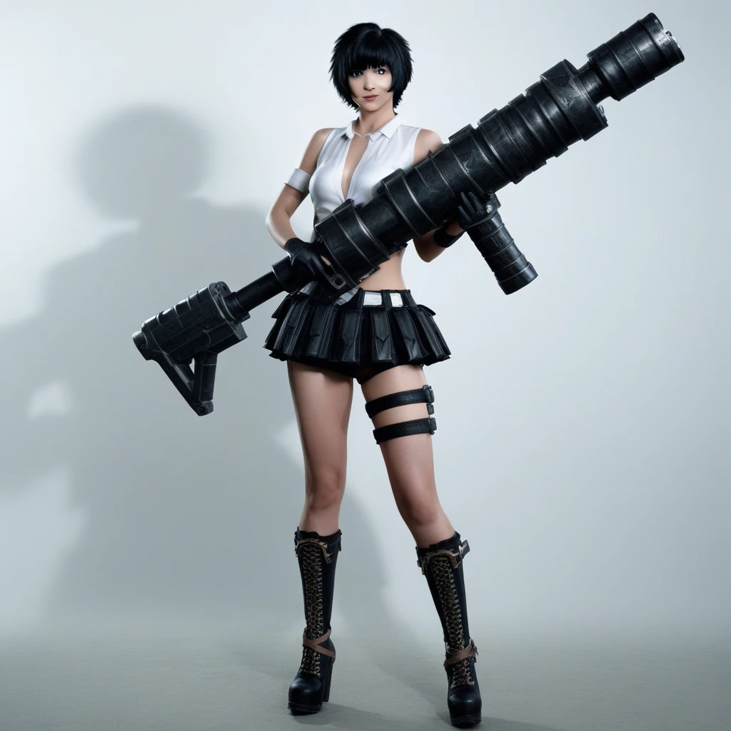 there is a woman with short black hair in a mini skirt and boots holding a giant weapon, full-cosplay, professional cosplay, Lady character from video game,anime cosplay, holding a giant weapon, Lady huge weapon from video game,fullbody wide shot, cinematic volumetric lighting, ultra hyper realistic image shot with Sony Fx6