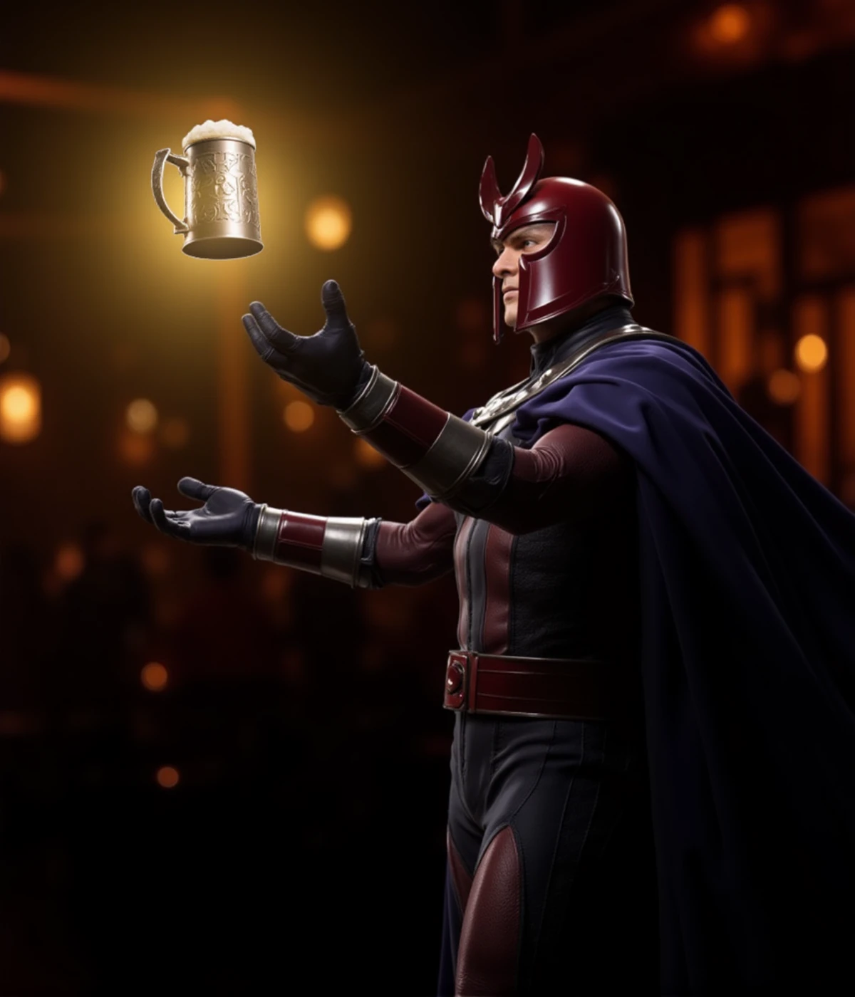 a photo of Magneto wears a helmet and a cape and  is in a pub. He reachs with his hands and a metalic beer mug is floating in the air. the mug is glowing of energy <lora:Magneto:0.9>