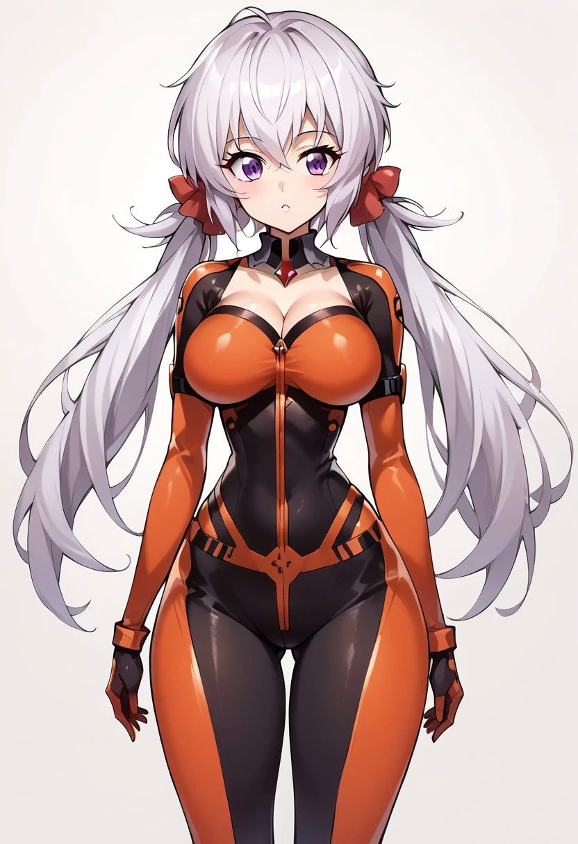 score_9, score_8_up, score_7_up, masterpiece, best quality, White background, solo, (very beautiful eyes, big thighs, thin waist, medium breasts), 1girl, solo, Chris_Yukine, Long hair, white hair, twintails, purple eyes, long breasts, SpaceSuit, Bodysuit red, Gloves, sexy pose