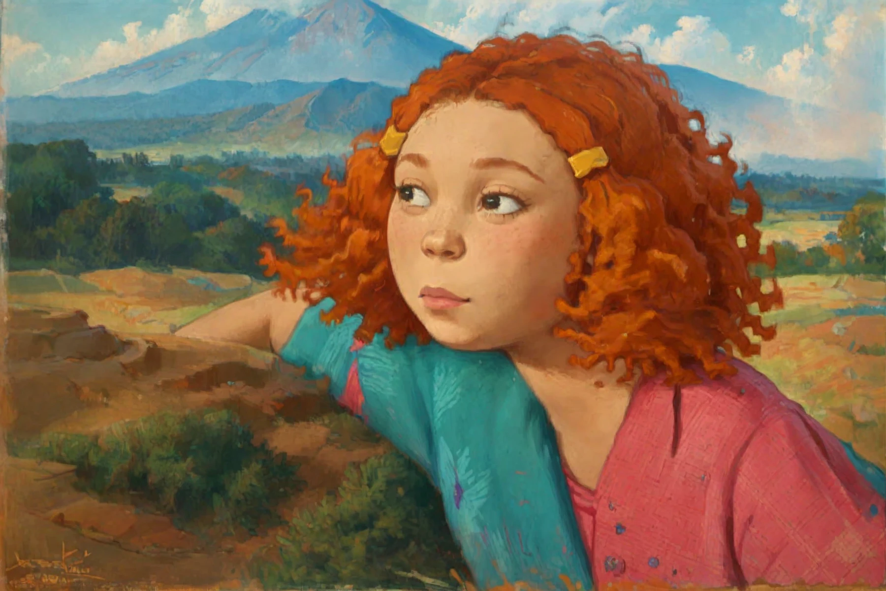 <lora:basuki-abdullah_pony_v1:1> ' ginger' by Abdullah Basuki in 1952,  portrait \(genre\), realism \(style\)  <lora:Ginger_Foutley_As_told_by_Ginger:1> curly hair, ginger, hairclip, outdoors, mountain, score_9, score_6_up, score_7_up