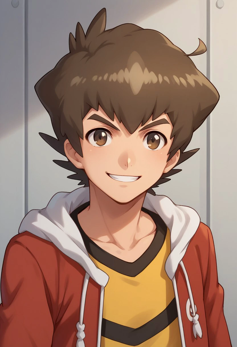 score_9, score_8_up, score_7_up, source_anime, highly detailed,
yamano, 1boy, male focus, brown hair, brown eyes, solo, smile, upper body, teeth, hoodie, hood, red hoodie,
open hoodie, shirt, yellow shirt,
indoor,