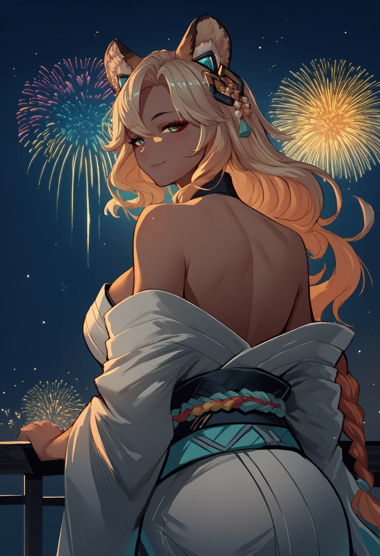 score_9, score_8_up, score_7_up, source_anime, from behind, solo, 1girl, xilonen, dark-skinned female, makeup, smile, looking back, long hair, single braid, animal ears, japanese clothes, white kimono, off shoulder, aqua sash, bare shoulders, large breasts, fireworks
<segment:yolo-face_yolov8m.pt,0.4,0.5//cid=1>