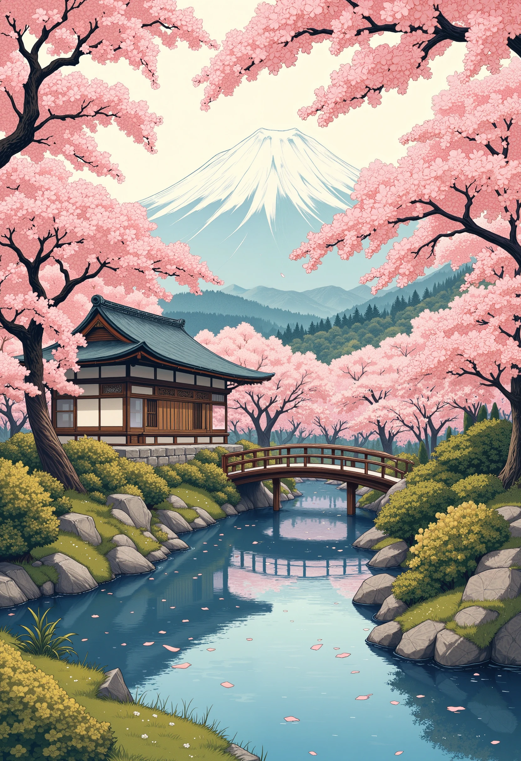 A serene Japanese garden in the style of Katsushika Hokusai. Cherry blossoms are in full bloom, their petals gently falling into a tranquil pond. A small wooden bridge arches over the water, leading to a traditional tea house nestled among the trees. Mount Fuji rises majestically in the background, its peak covered in snow. The scene is composed with a harmonious balance of elements, using soft, flowing lines and a muted color palette, evoking a sense of peace and timeless beauty.