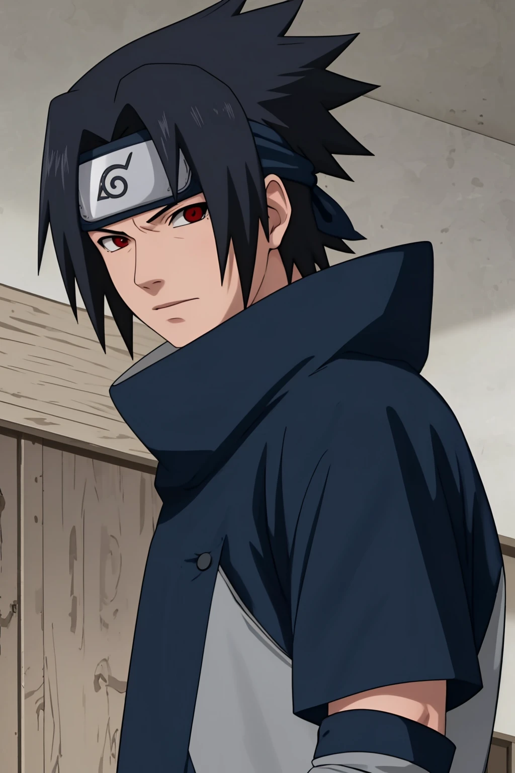 uchiha sasuke, 30 yo, forehead protector, jounin jacket, black hair, sharingan, solo, large hair <lora:sasukeuchiha-10:0.6>