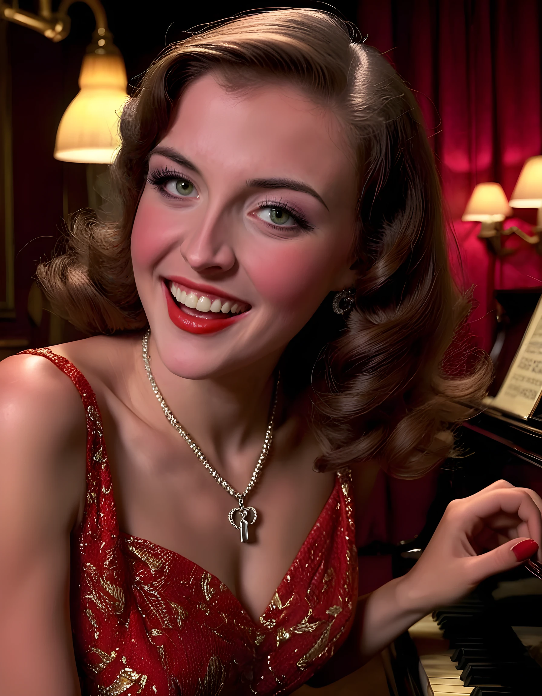 In a noir-inspired, dimly lit jazz club in the heart of 1940s New York City, the camera focuses on Z03N3L1, a woman with brown hair cascading down her shoulders, her green eyes gleaming with mischief and intrigue as they lock onto the viewer. She is seated at a worn-out piano, her long fingers adorned with elaborate jewelry, plucking the keys with an air of expertise. The focus then shifts to her captivating smile, revealing perfectly aligned teeth, framed by red lipstick that matches her vibrant dress. Her expression exudes a sense of confidence and allure, as she gazes back at the audience with a knowing look, the warm yellow light from a single hanging bulb casting shadows on her face, creating an enigmatic and seductive ambiance.