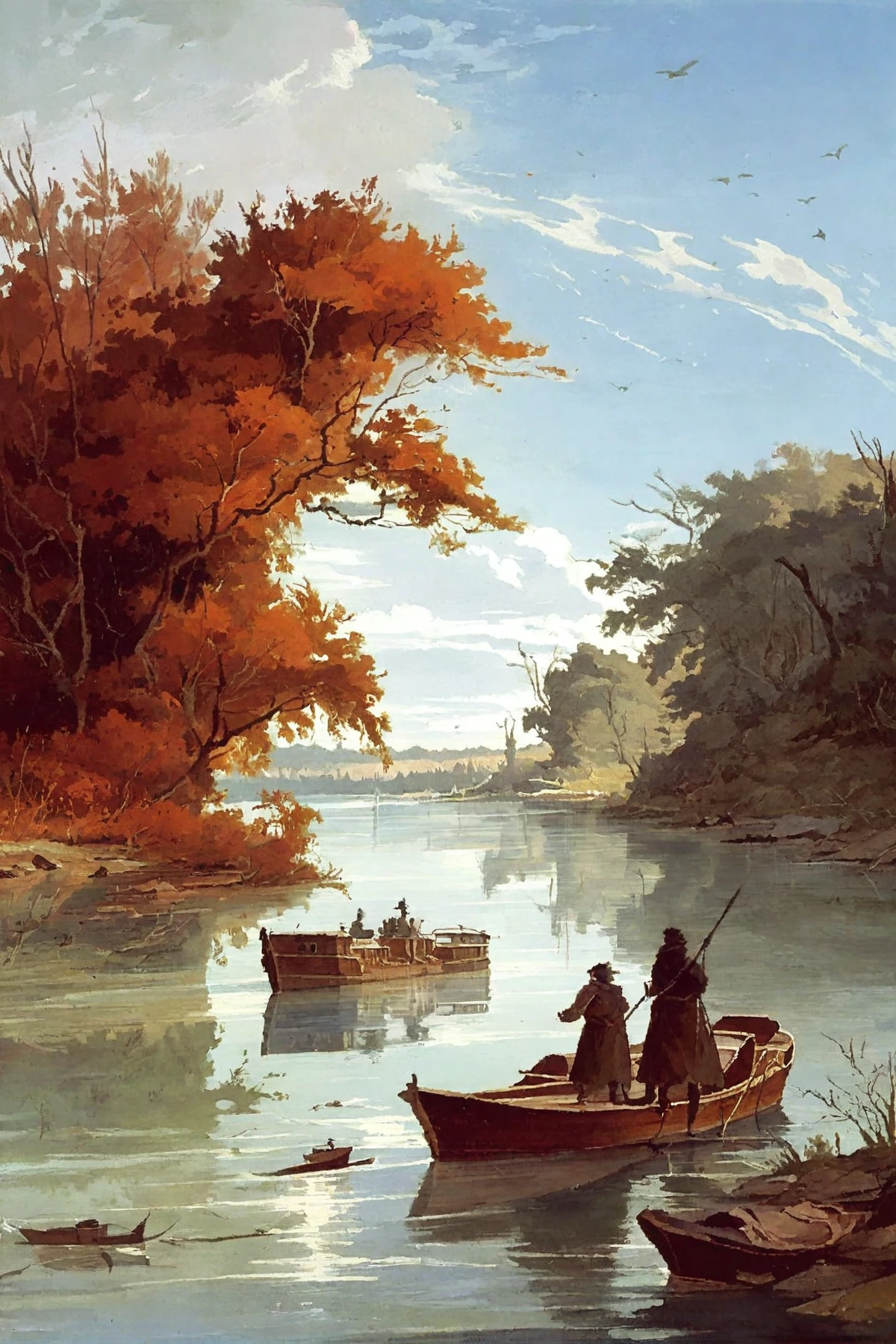 <lora:karl-bodmer_pony_v1:1> ' a river ' by Bodmer Karl in 1827,landscape painting \(genre\),Romanticism \(style\)  a scene depicting a few boats on a river, score_9, score_6_up, score_7_up