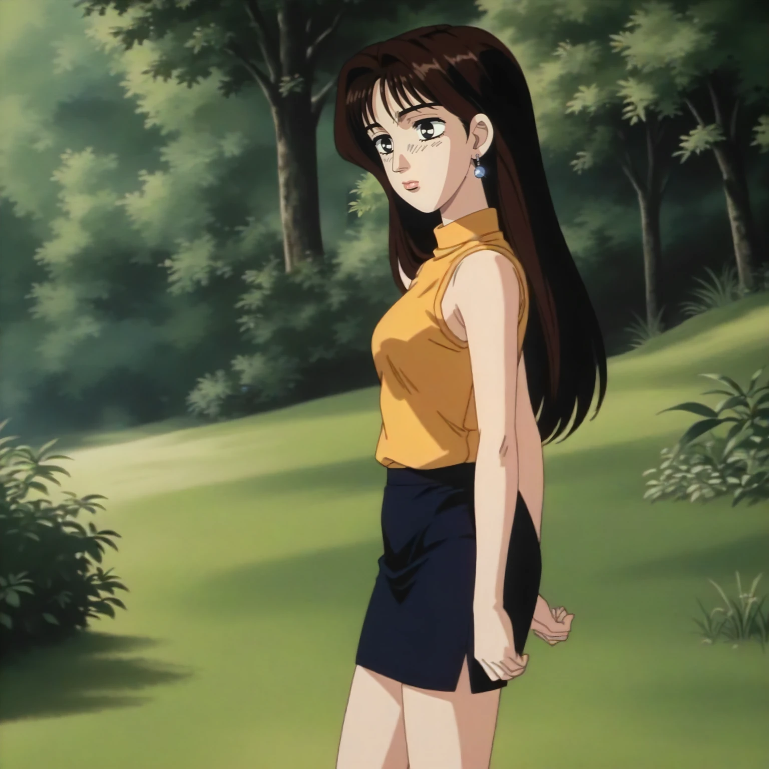 <lora:ID_MakoSatoXLpony001>,
outdoors,nature,
solo,
MakoSato,1girl,black brown hair,long hair,black eyes,
earrings,
yellow shirt,turtleneck,sleeveless,
pencil_skirt,
standing,