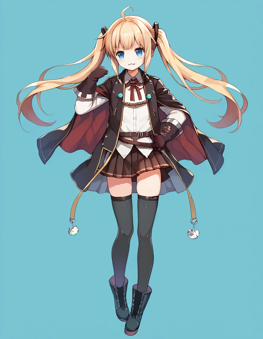 <lora:AzlaAmazon_SDXL_pony_fp16_ver07_168:1>,1girl, blue eyes,blonde hair,ahoge,twintail,pleated skirt,black thighhighs, gloves,shirt,neck ribbon,military uniform,cape,long sleeves,hair ornament,boots,((cat mouth)),close-up,, score_9, score_8_up, score_7_up, BREAK source_anime, rating_explicit, best quality, masterpiece, uncensored,<lora:pony_good_hands:1>,good_hands ,[pony diffusion V6 is trained by PurpleSmartAI:100]