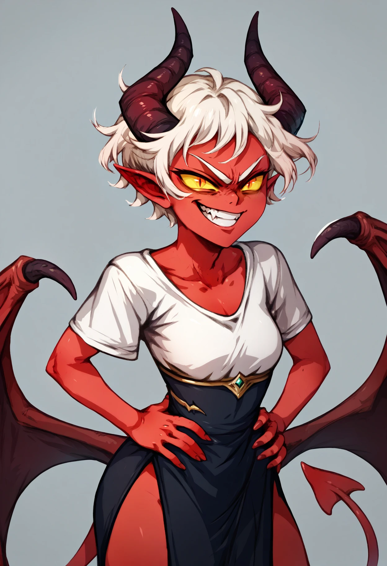 score_9, score_8_up,score_7_up, 1girl, solo, 
demon horns, red skin, colored skin, yellow sclera, slit pupils, white hair, red demon tail, red demon wings, glowing eyes,
soothed, wide grin, hands on hips, head held high, determined eyes, proud posture,
simple background
<lora:mncrm_pdxl_EliPot:1>