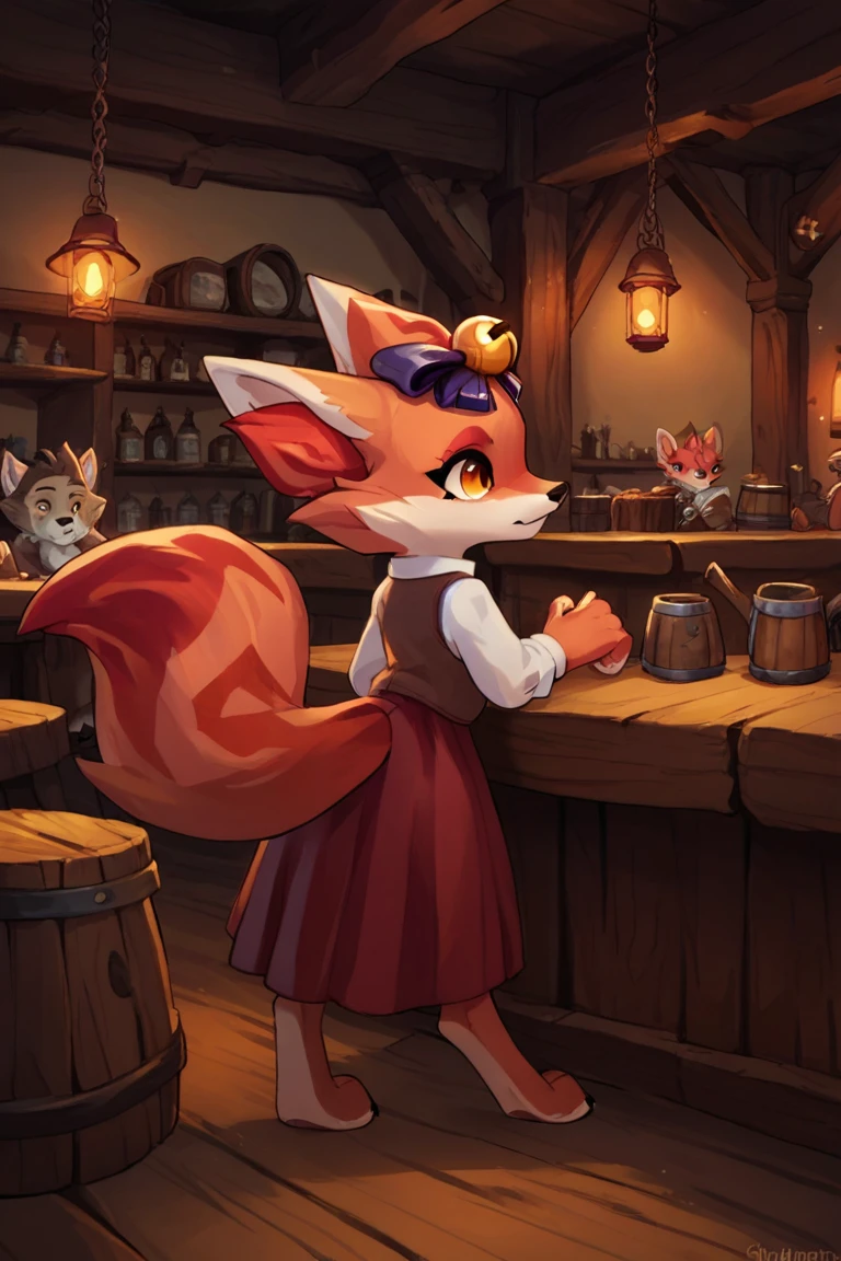 score_9, score_8_up, score_7_up,source_furry,GunFireLi, female, red fox, tail, orange eyes, hair bell, purple bow, two-tone fur, red_inner_ear_fluff, full body, tavern, 
