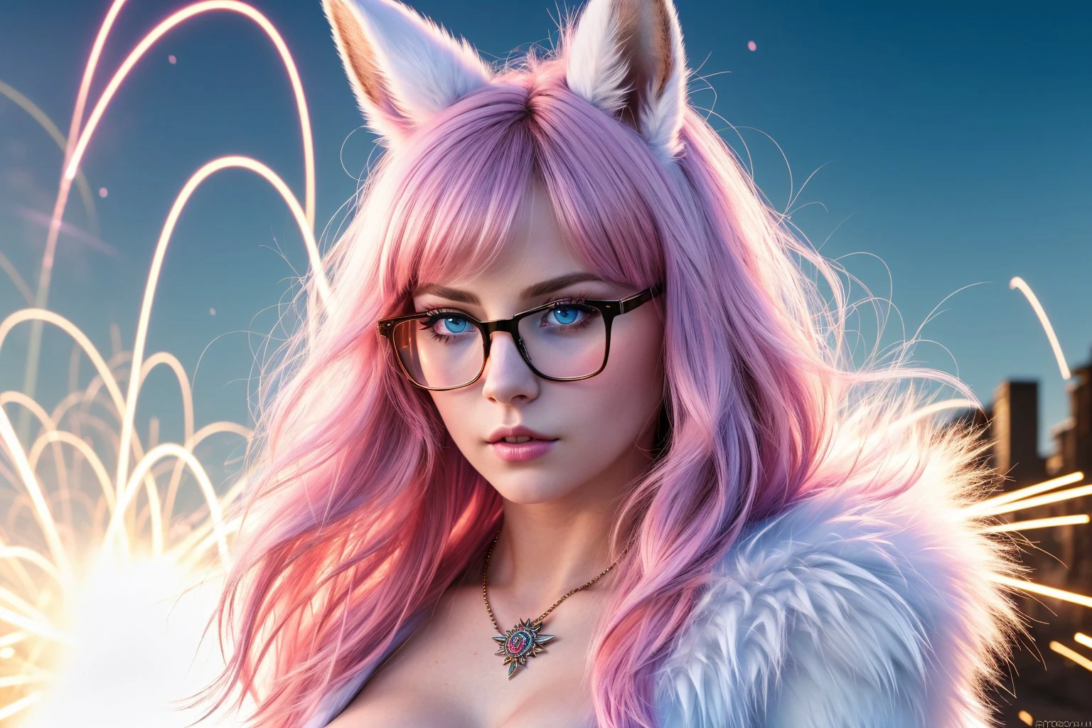 (8k, RAW photo, highest quality, best quality, masterpiece, ultra-detailed, hires, absurdres, sharp focus:1.2), (photorealistic, hyper-realistic:1.37) sexy hare girl, pink glasses, stylish hairstyle, blue eyes, sexy clothes, ((with explosions in the background)) ((furry)), evil, jewellery