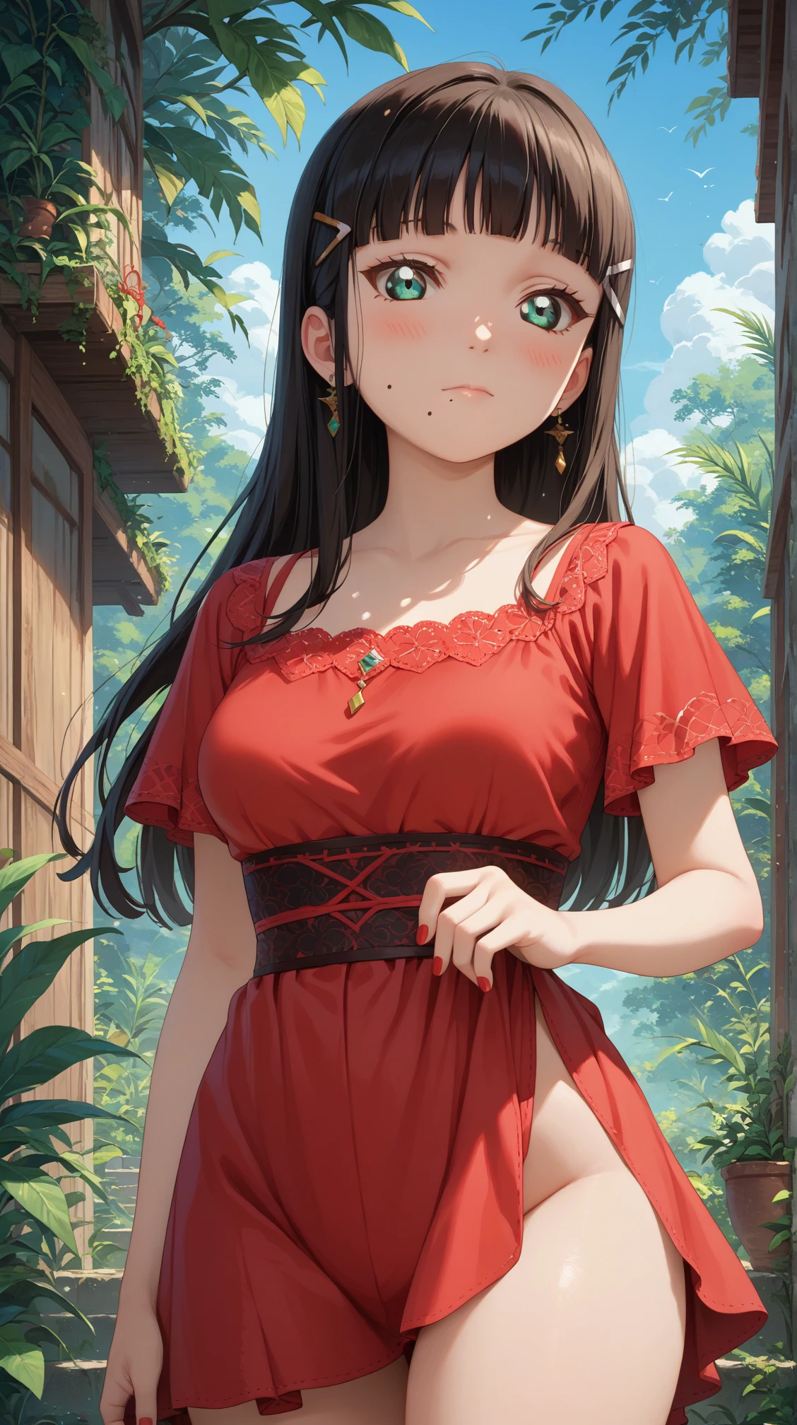 score_9, score_8_up, score_7_up, solo, 1girl, kurodia, long hair, hair ornament, blunt bangs, hairclip, mole under mouth, medium breasts, closed mouth, 
red dress, blush
(thighs:1.3), cowboy shot, outdoors, greenery, nail polish, sky
<lora:kurodia-04:1>