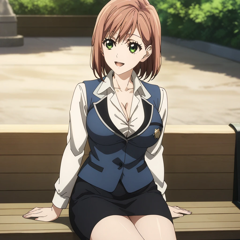 alisa_granger, short hair, brown hair, green eyes, bangs, breasts, white collar shirt, blue vest, black skirt, cleavage, cowboy shot, smile, open mouth, anime coloring, sitting on a bench, <lora:Alisa_Granger:1>, (masterpiece),(best quality),(ultra-detailed),(best illustration),(best shadow),(absurdres),(detailed background),(very aesthetic),