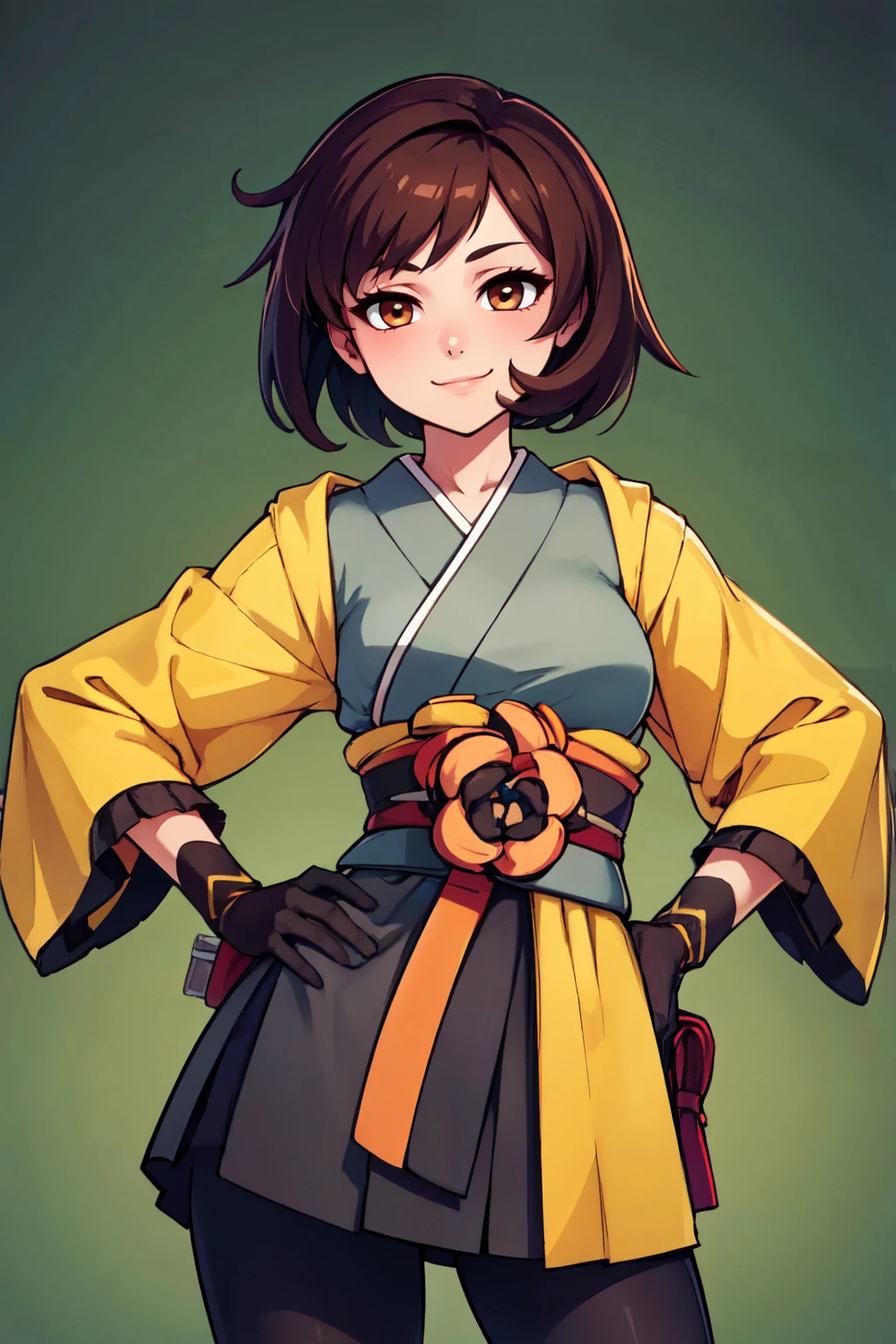 ((masterpiece,best quality)), absurdres,  BREAK, , <lora:GloriaChiori:0.8>,   zzgloriachiori, brown eyes, brown hair, bob cut, asymmetrical hair, japanese clothes, yellow kimono, black gloves,  tam o' shanter, BREAK, hip to the side, hand on hip, contrapposto,, BREAK, solo, smile, looking at viewer, cowboy shot,