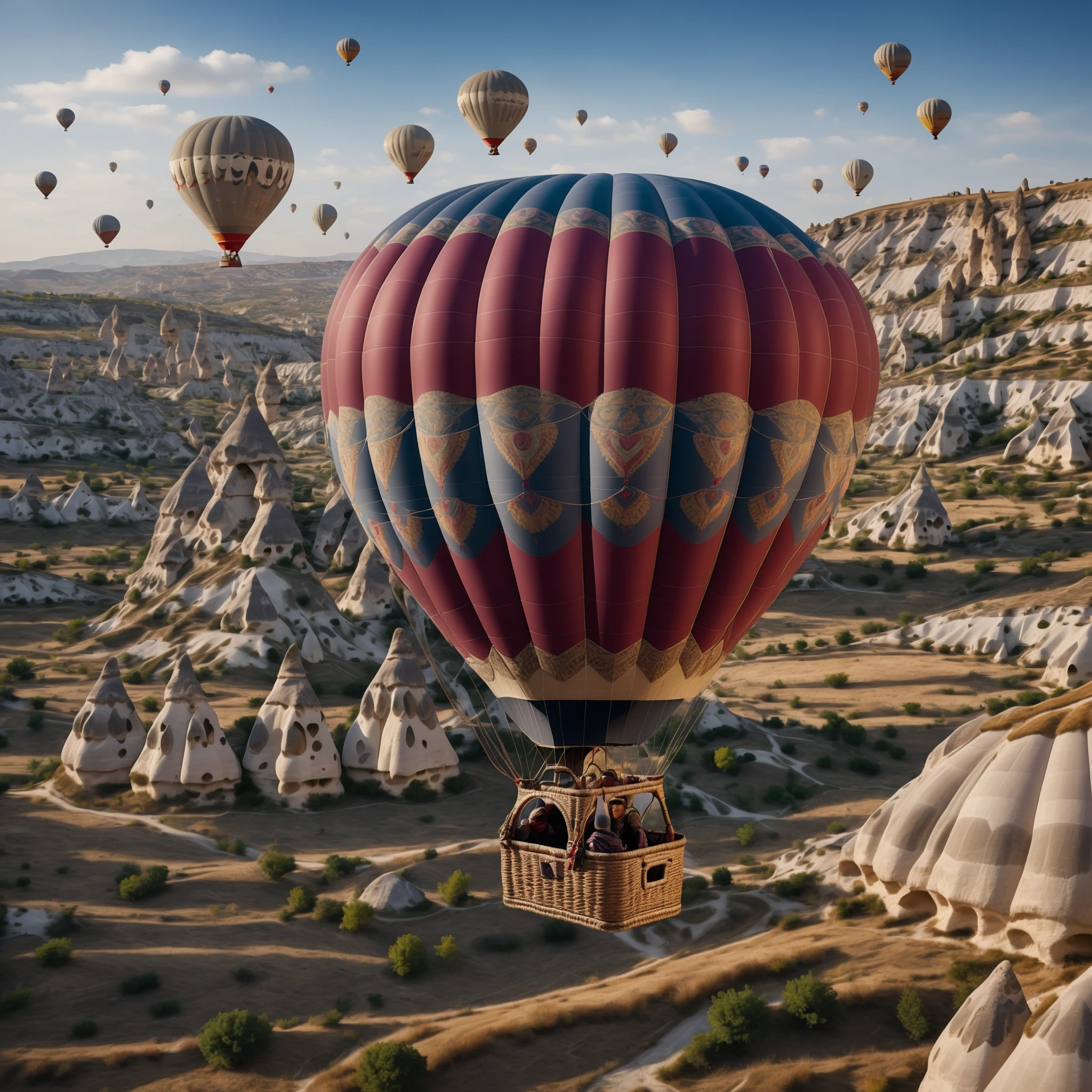 realistic image of a Cappadocia hot air balloon from 2024, with a highly detailed focus on the texture of the fabric, the ropes, and the basket.