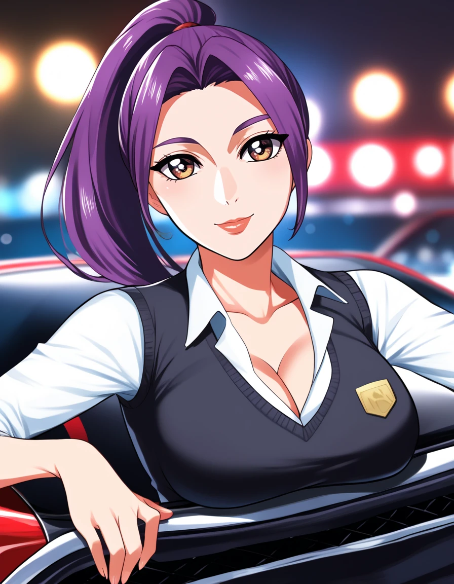 score_9, score_8_up, score_7_up, score_6_up, <lora:mf_ghost-PONY:1>, mf_ghost, source_anime, 1girl, solo, ponytail, purple hair, posing, professional portrait, bokeh, red sports car background, cleavage, beautiful eyes, cute, mature, detailed eyes, iris, rating_questionable, bold lines,