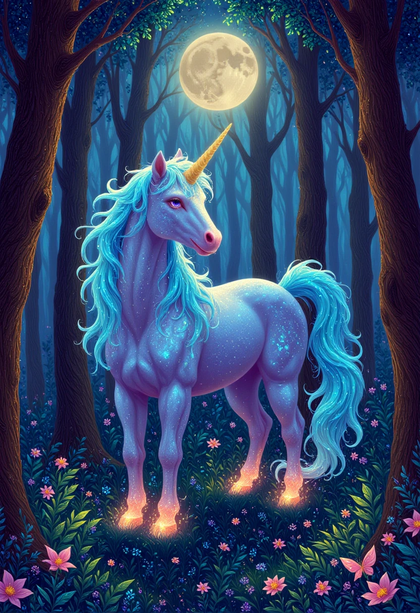 A fantasy illustration of a glowing unicorn in a moonlit forest, its mane and tail flowing with radiant energy