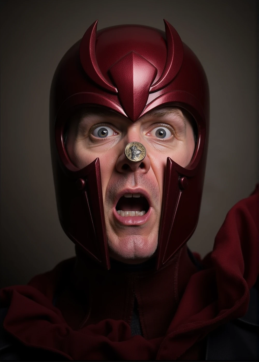 a photo portrait of a surprised Magneto with a coin stuck on the nose <lora:Magneto:0.9>